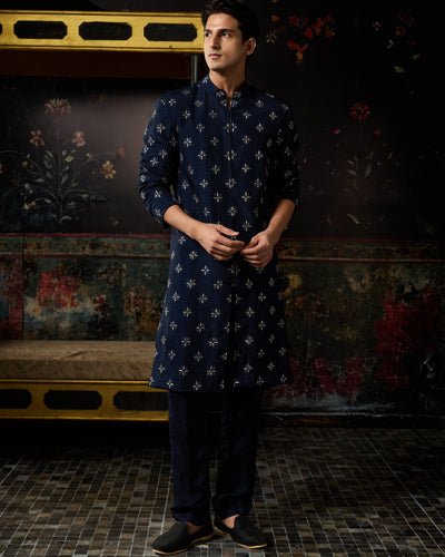 Blue Embroidered Jacket Set