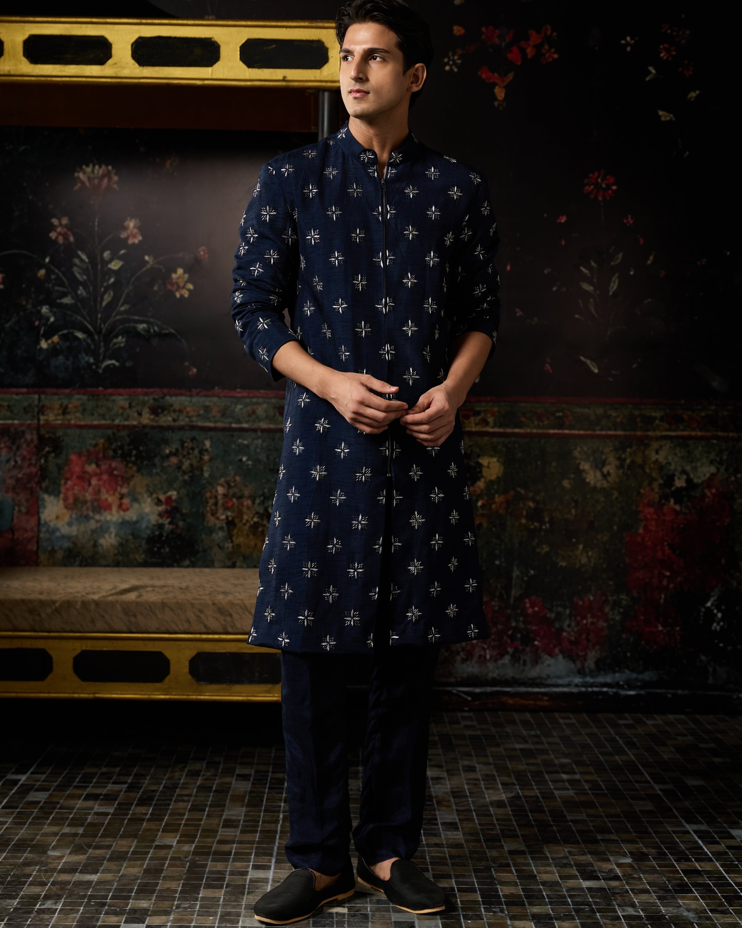 Blue Embroidered Jacket Set