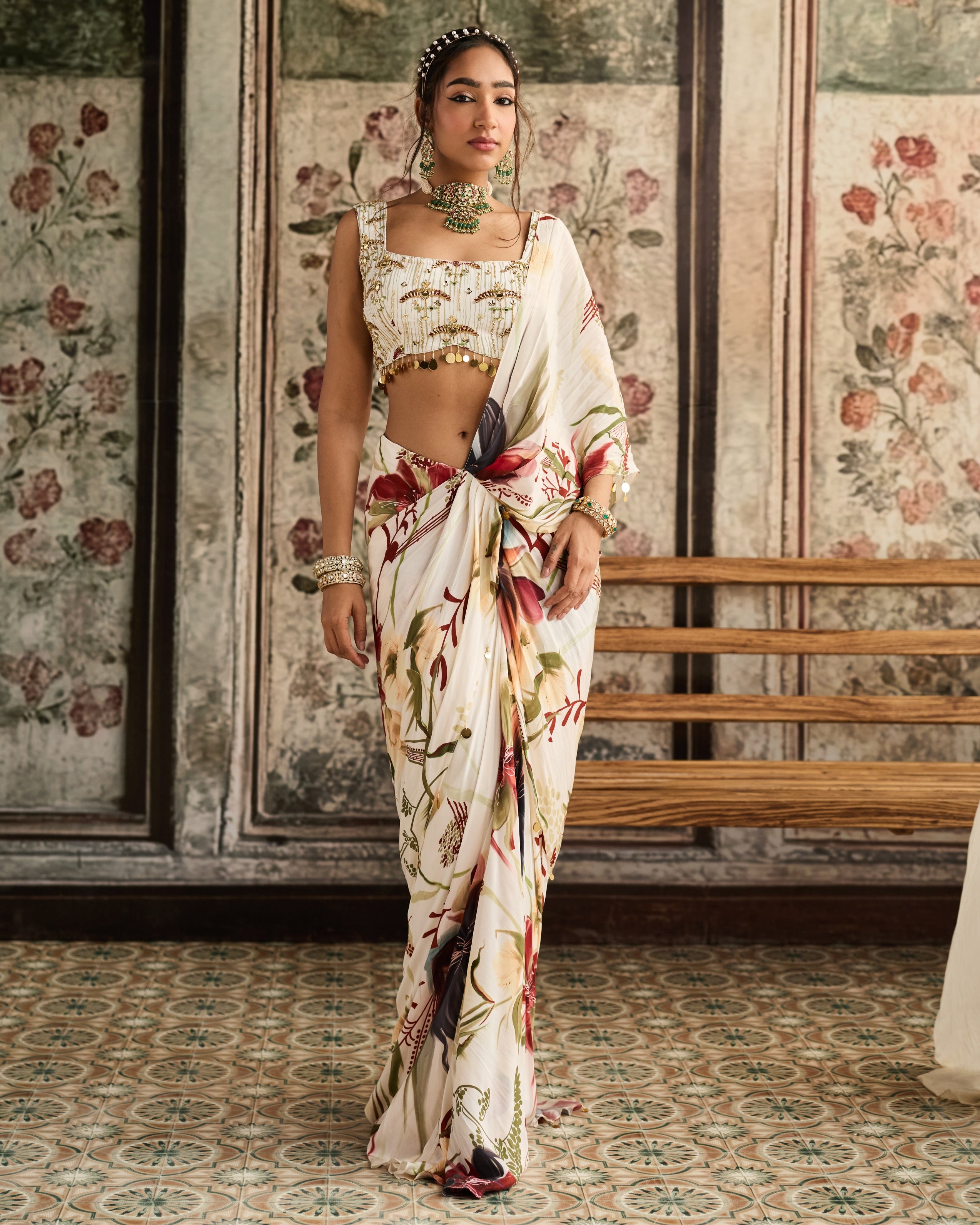Ivory Floral Printed Drape Skirt Sari Set