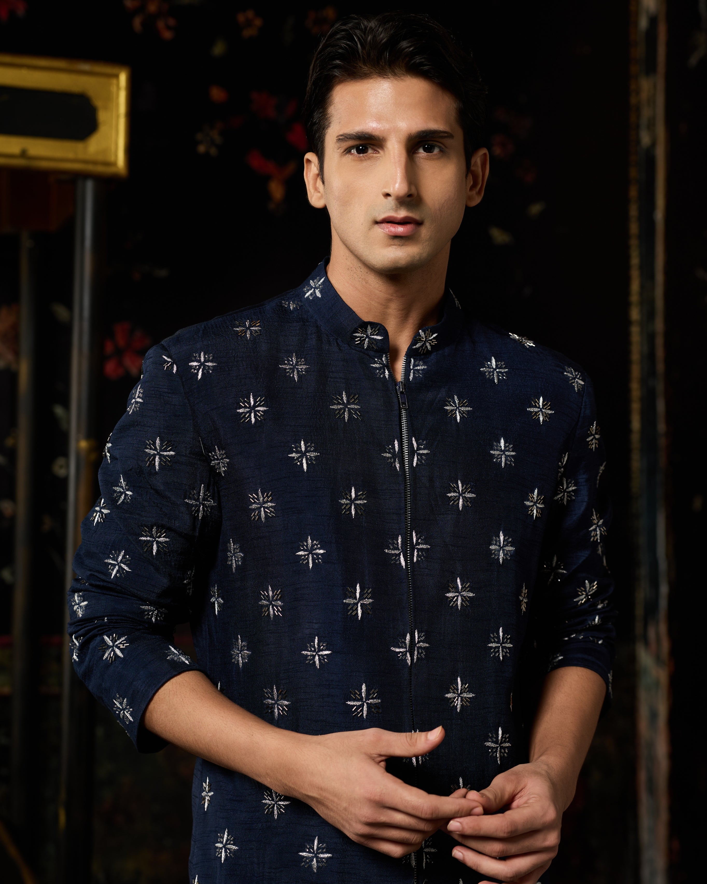 Blue Embroidered Jacket Set