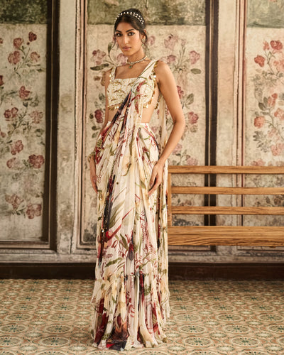 Ivory Floral Leaf Print Sari Set