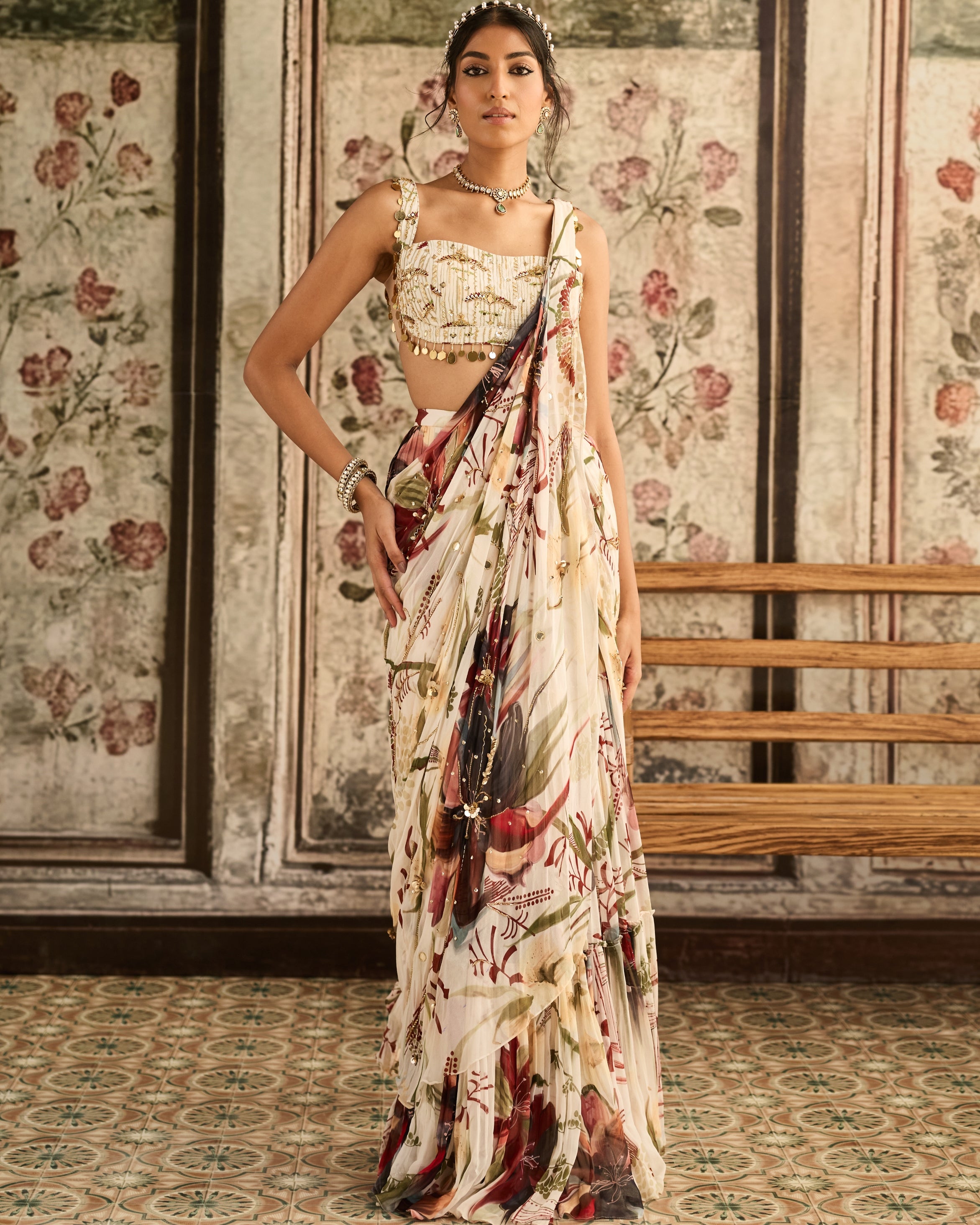Ivory Floral Leaf Print Sari Set