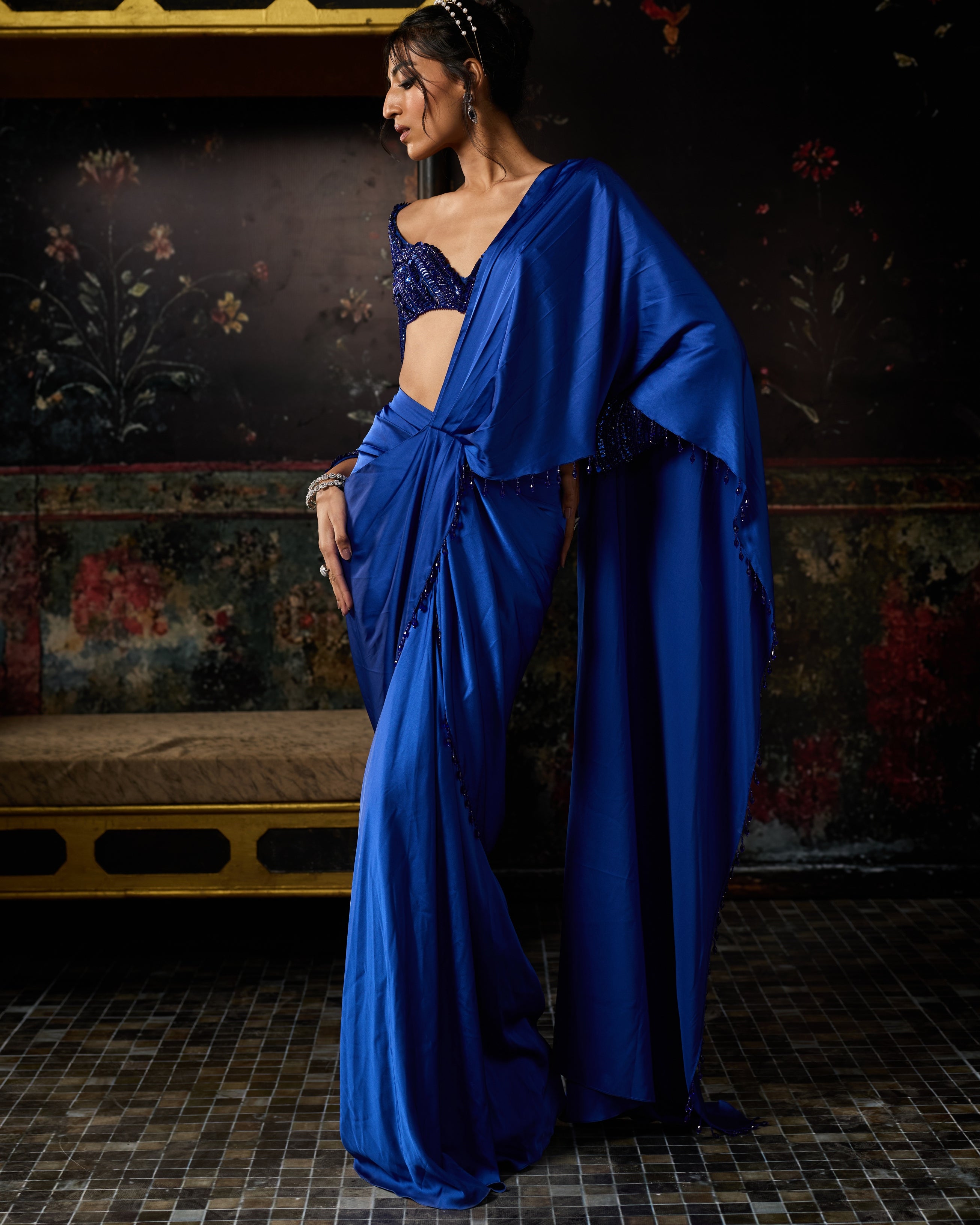 Electric Blue Embellished Dhoti Skirt Sari Set