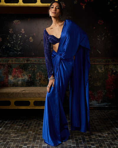 Electric Blue Embellished Dhoti Skirt Sari Set