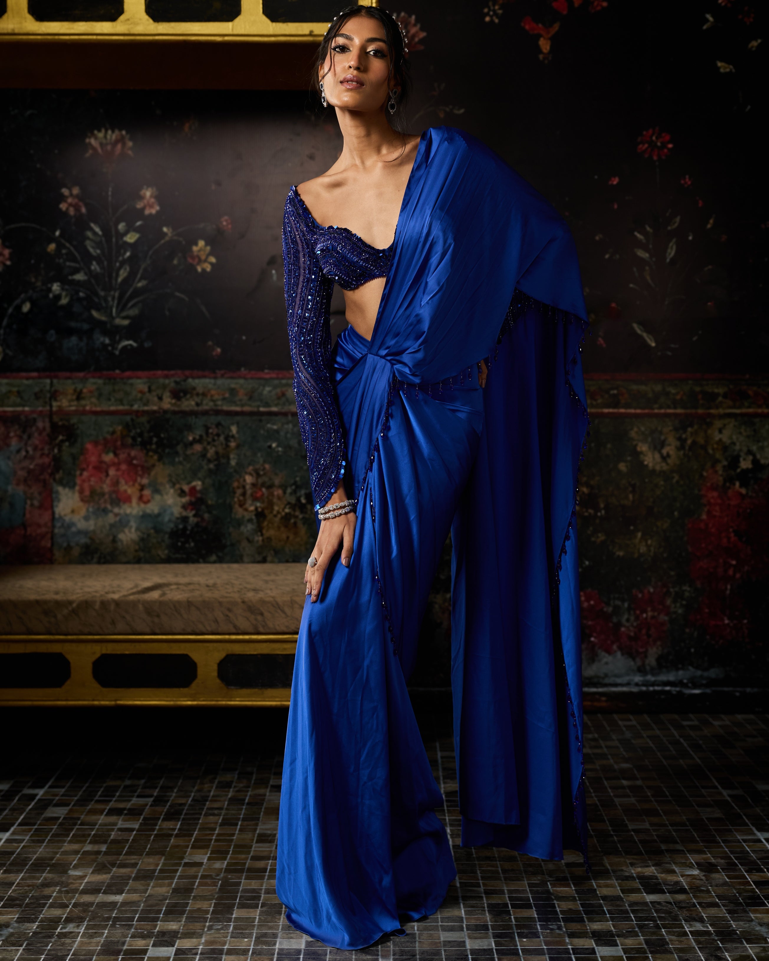 Electric Blue Embellished Dhoti Skirt Sari Set