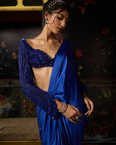 Electric Blue Embellished Dhoti Skirt Sari Set