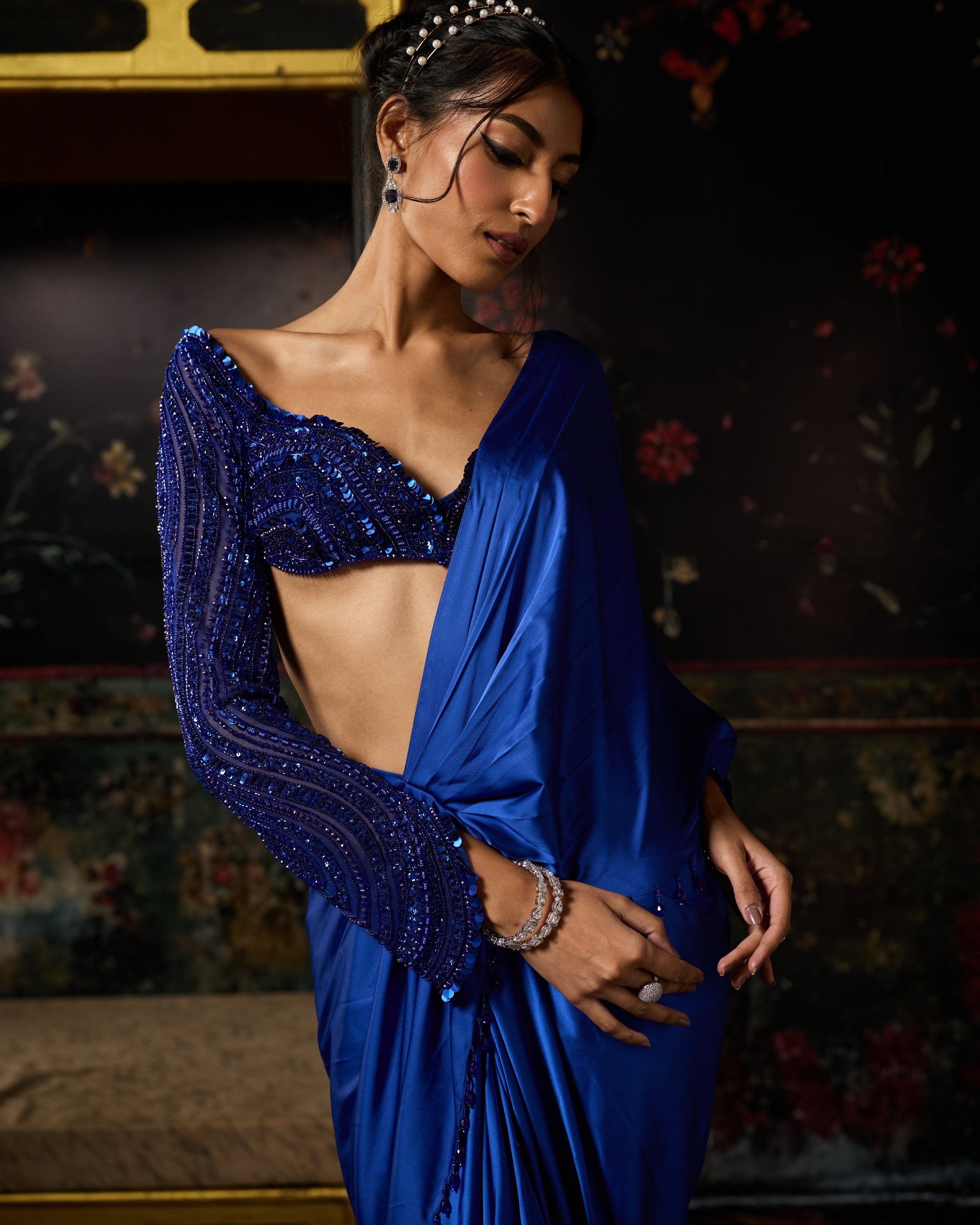 Electric Blue Embellished Dhoti Skirt Sari Set