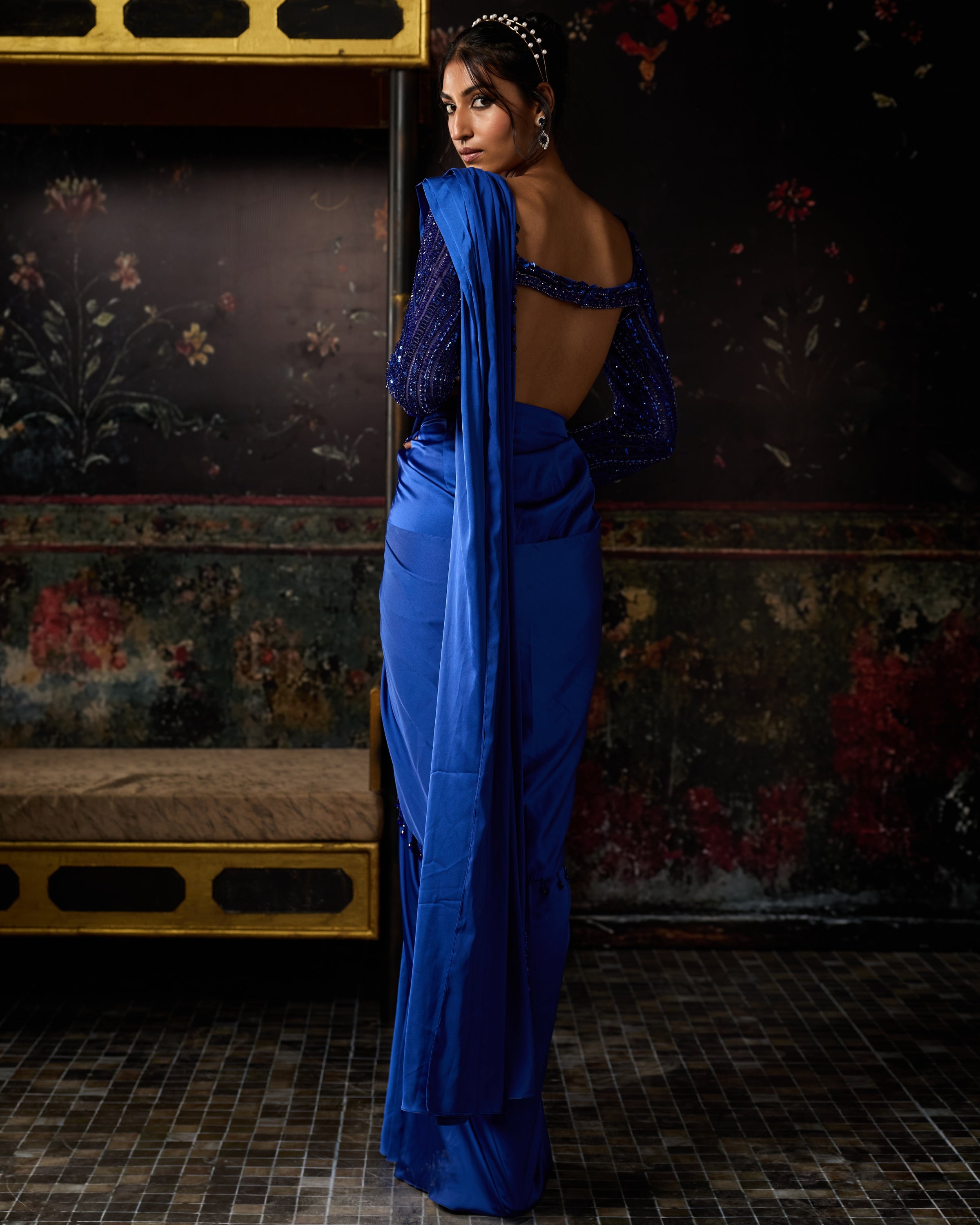 Electric Blue Embellished Dhoti Skirt Sari Set