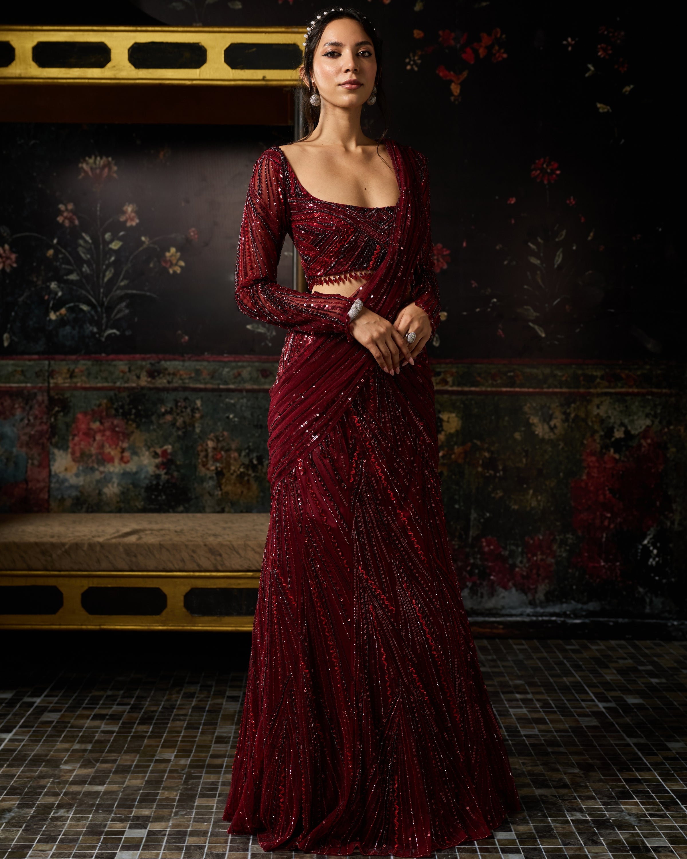 Maroon Embellished Mermaid Skirt Sari Set