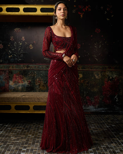 Maroon Embellished Mermaid Skirt Sari Set