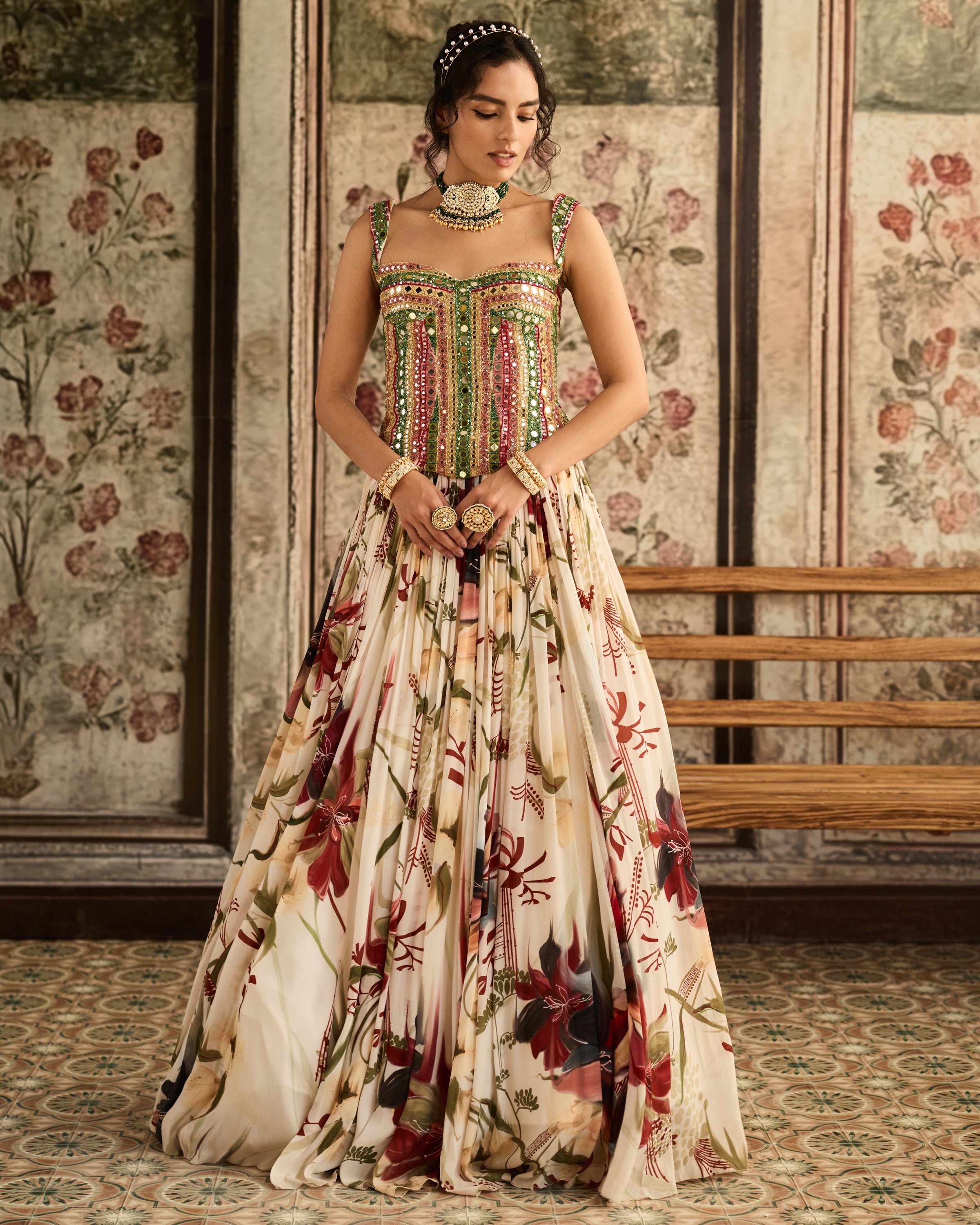 Ivory Floral Printed Lehenga With Corset Set