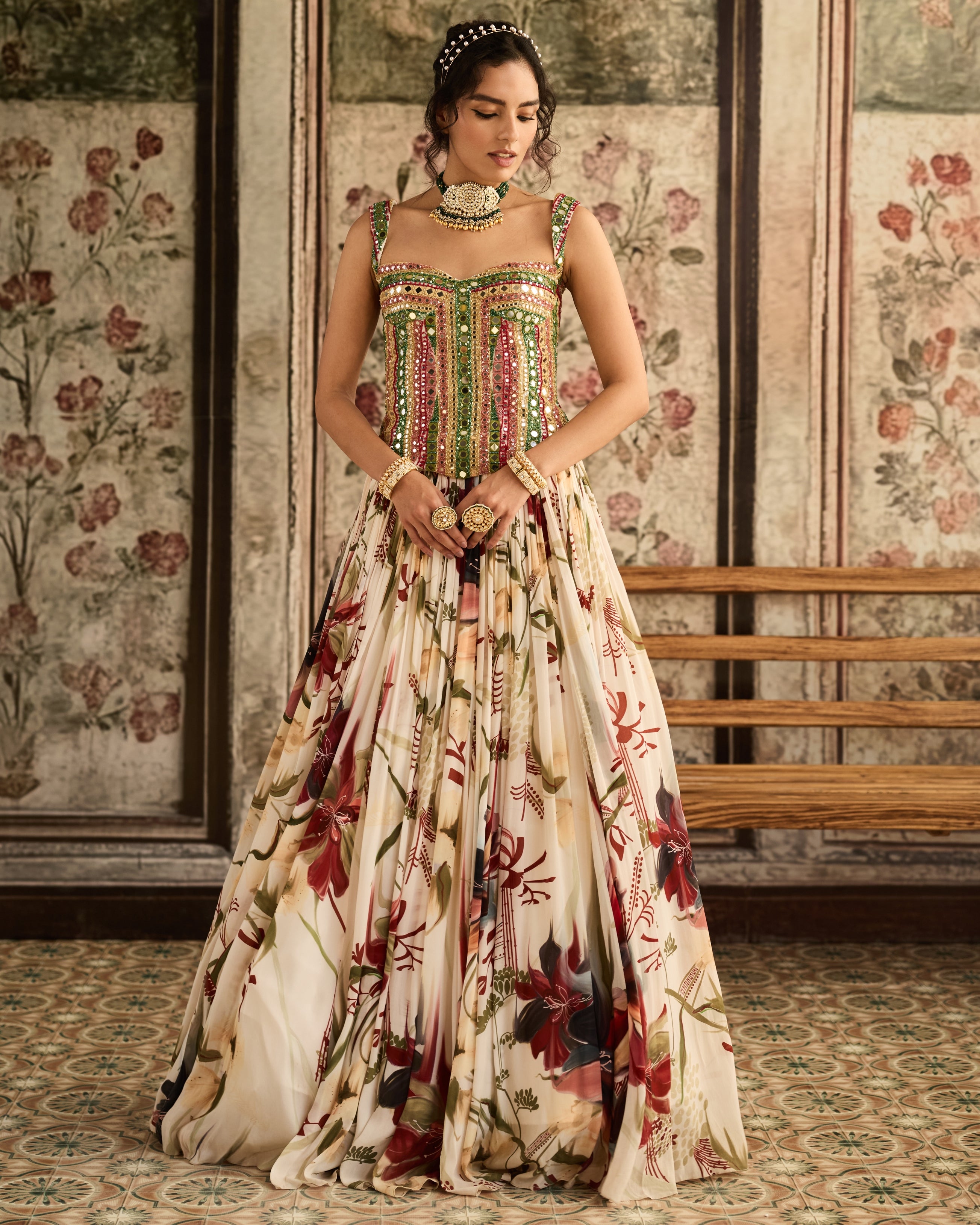 Ivory Floral Printed Lehenga With Corset Set