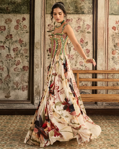 Ivory Floral Printed Lehenga With Corset Set