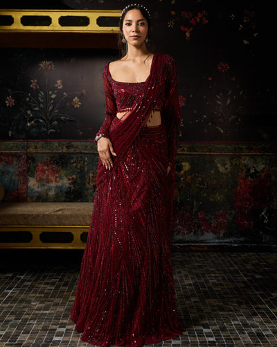 Maroon Embellished Mermaid Skirt Sari Set