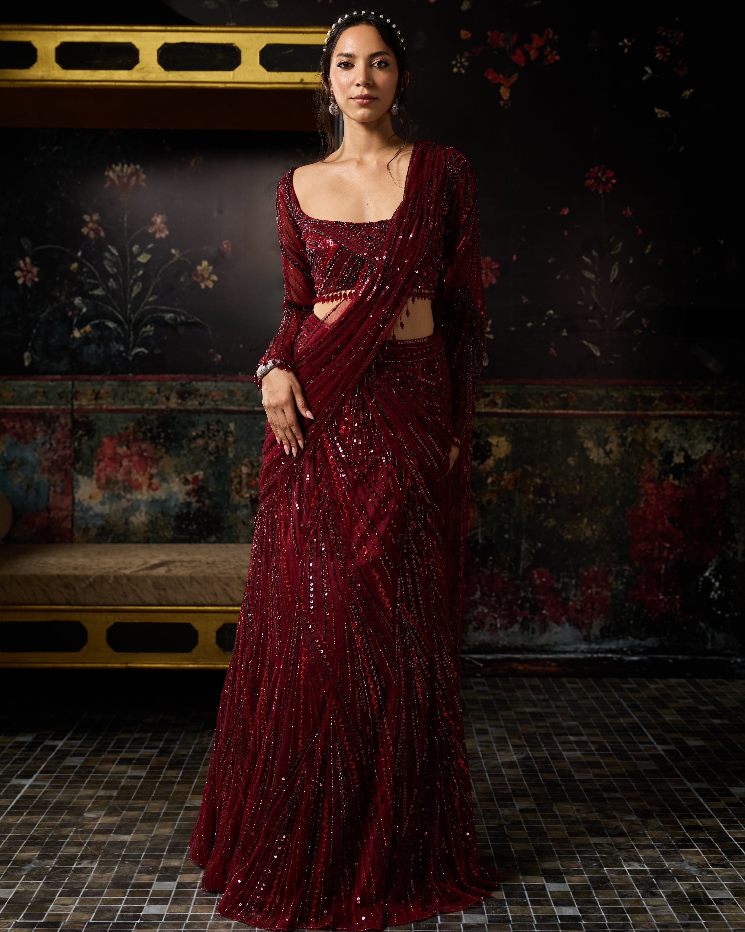 Maroon Embellished Mermaid Skirt Sari Set