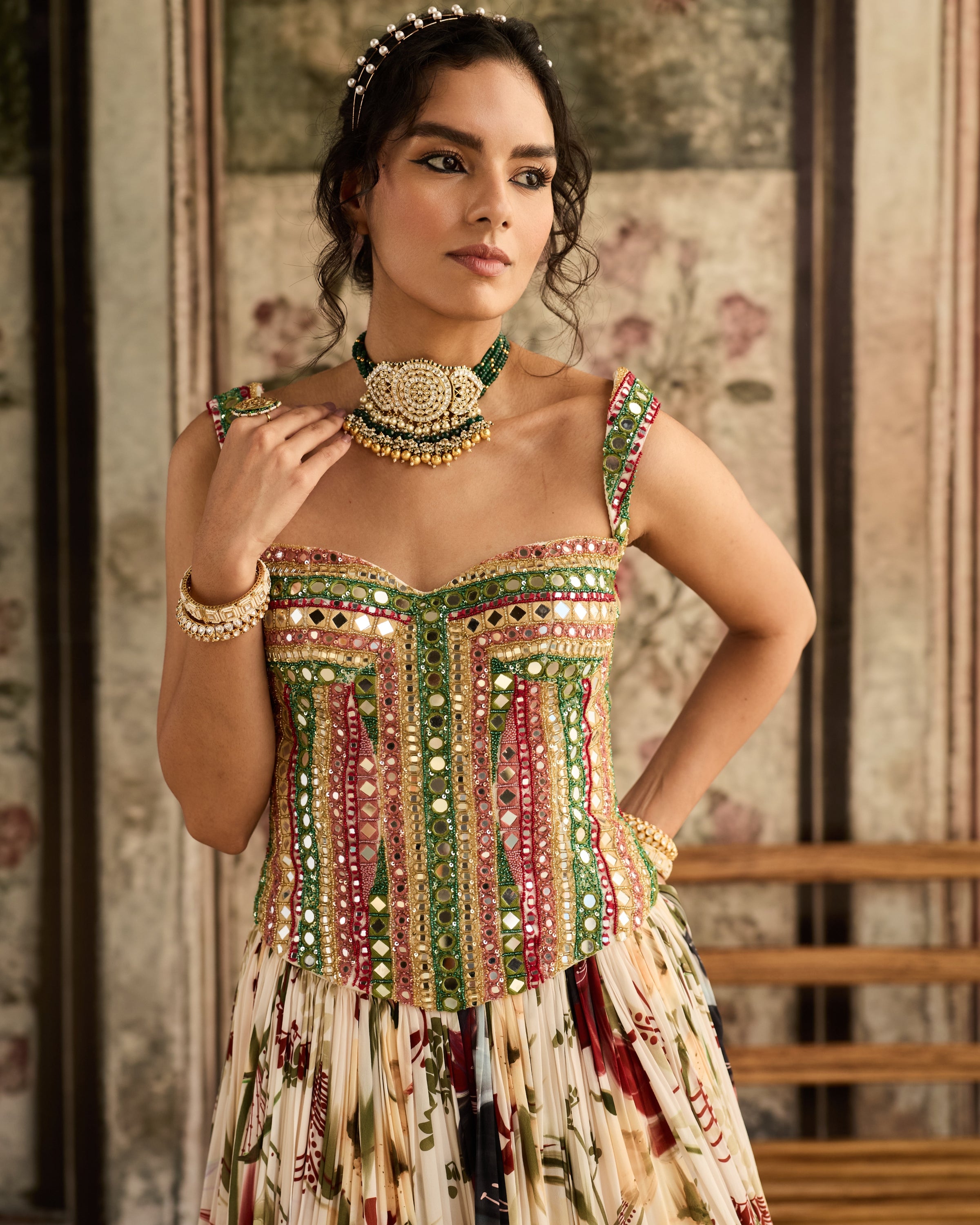 Ivory Floral Printed Lehenga With Corset Set