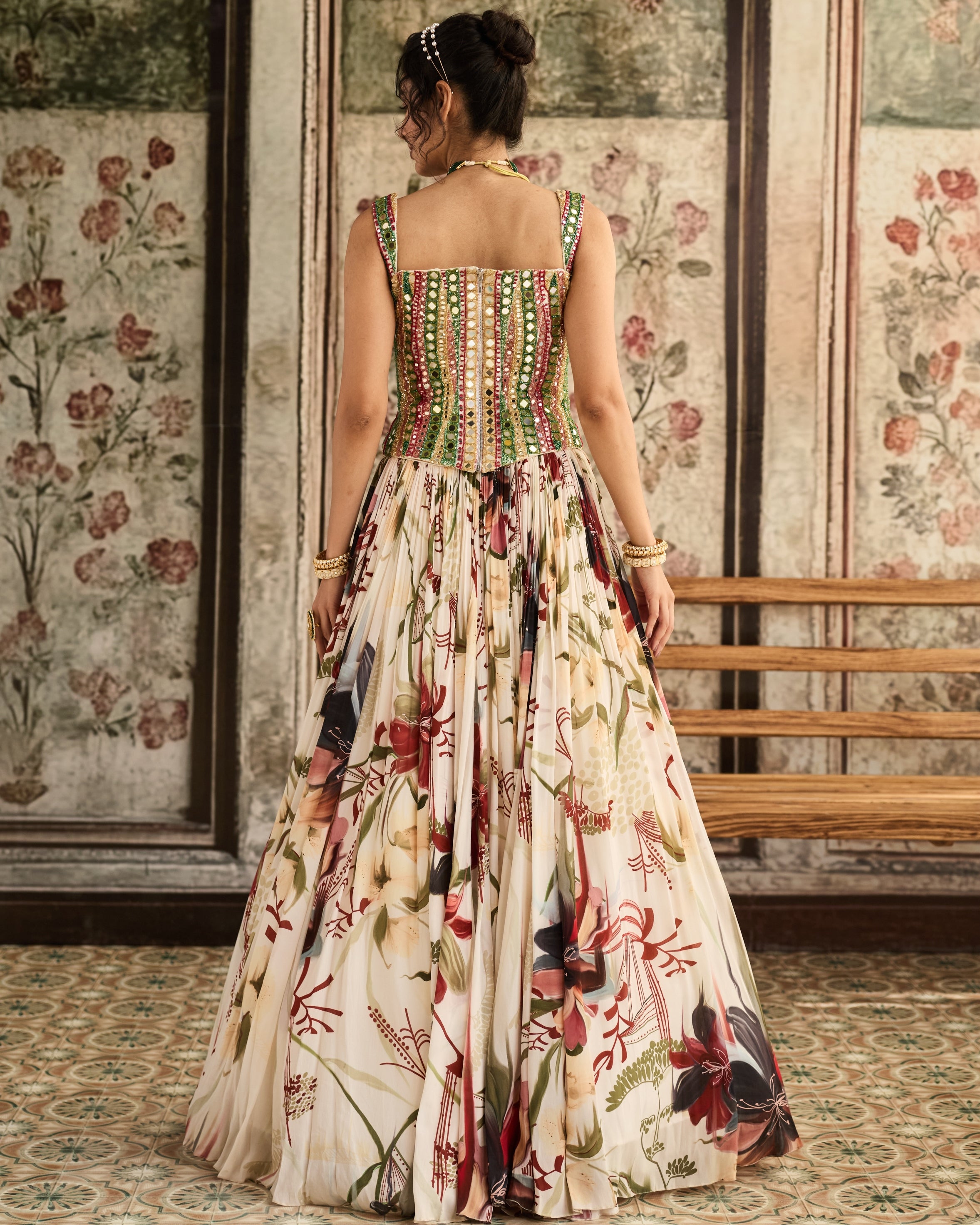 Ivory Floral Printed Lehenga With Corset Set