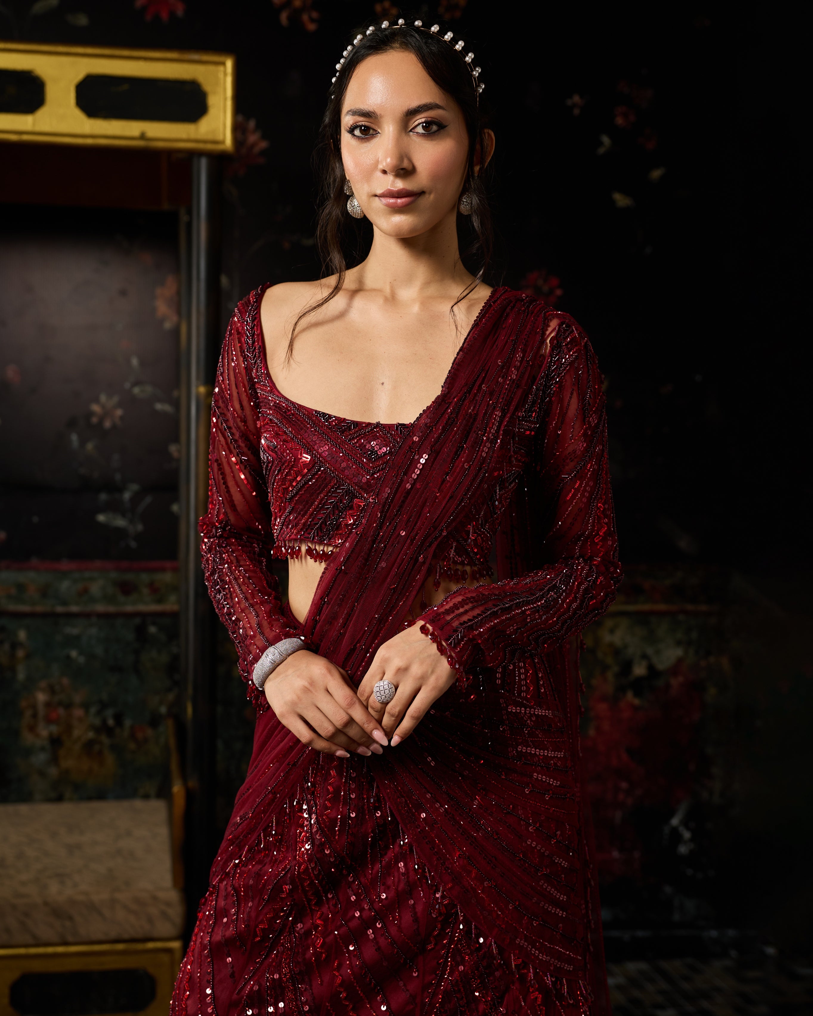 Maroon Embellished Mermaid Skirt Sari Set