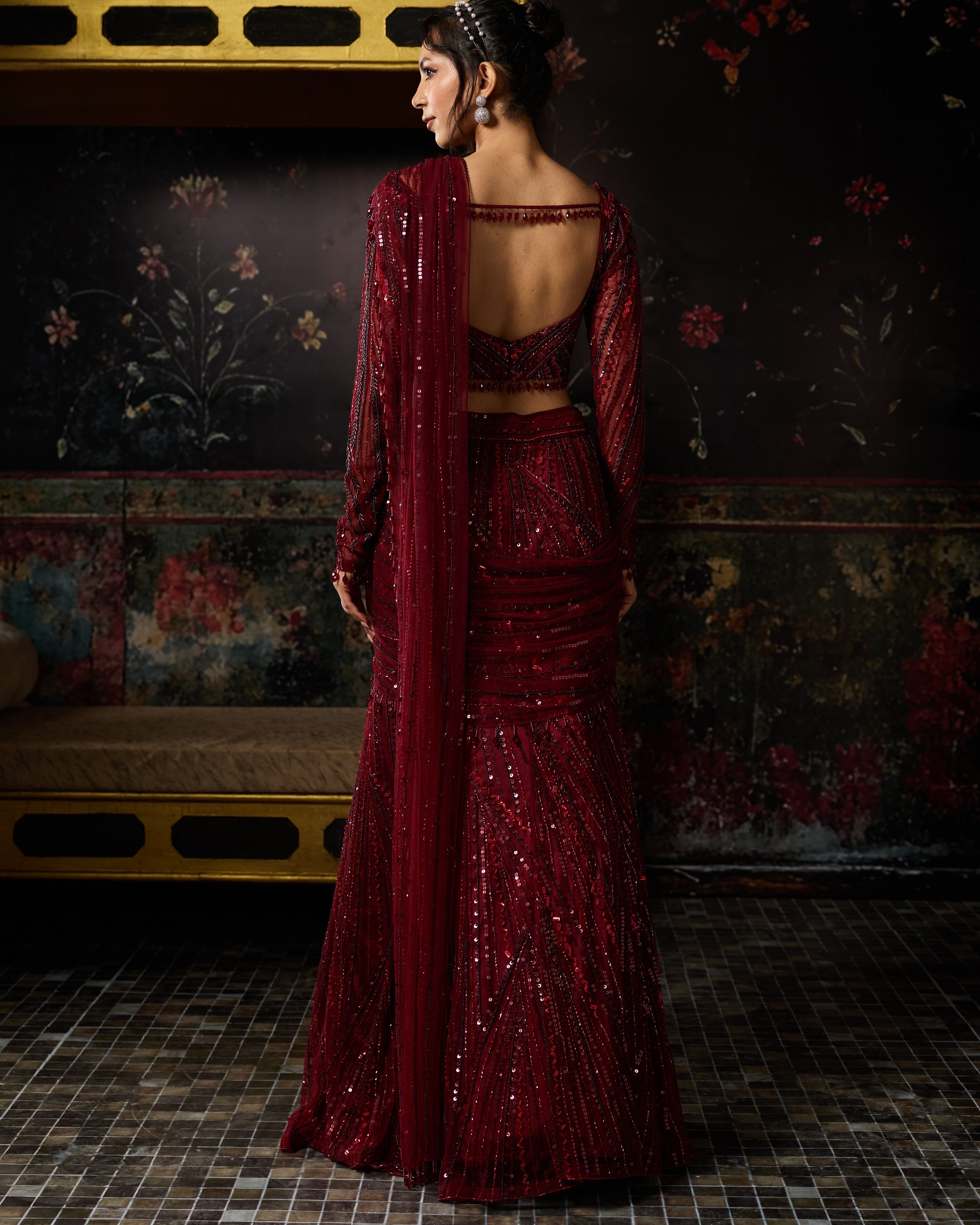 Maroon Embellished Mermaid Skirt Sari Set