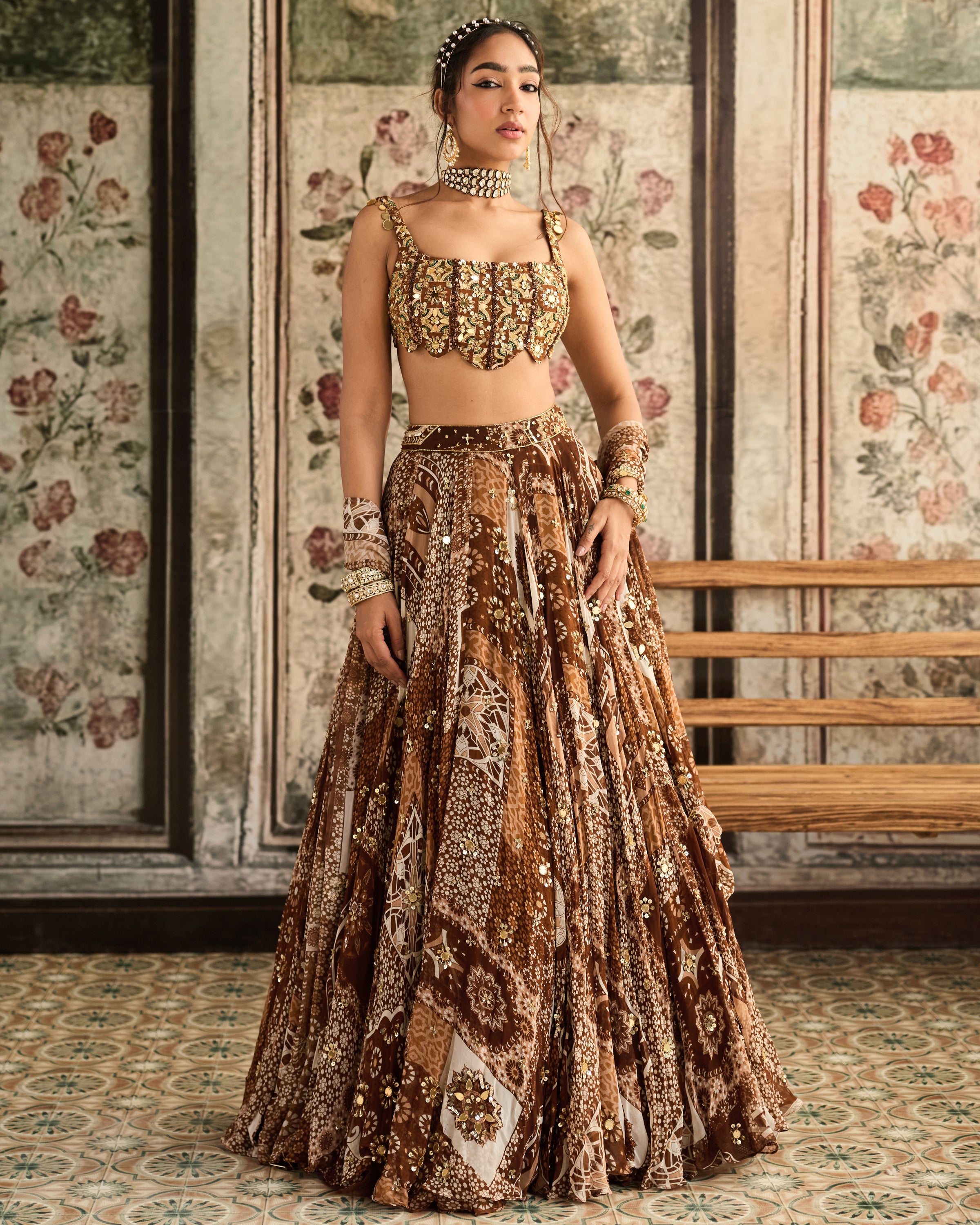 Caramel Print And Scallop Blouse Lehenga Set