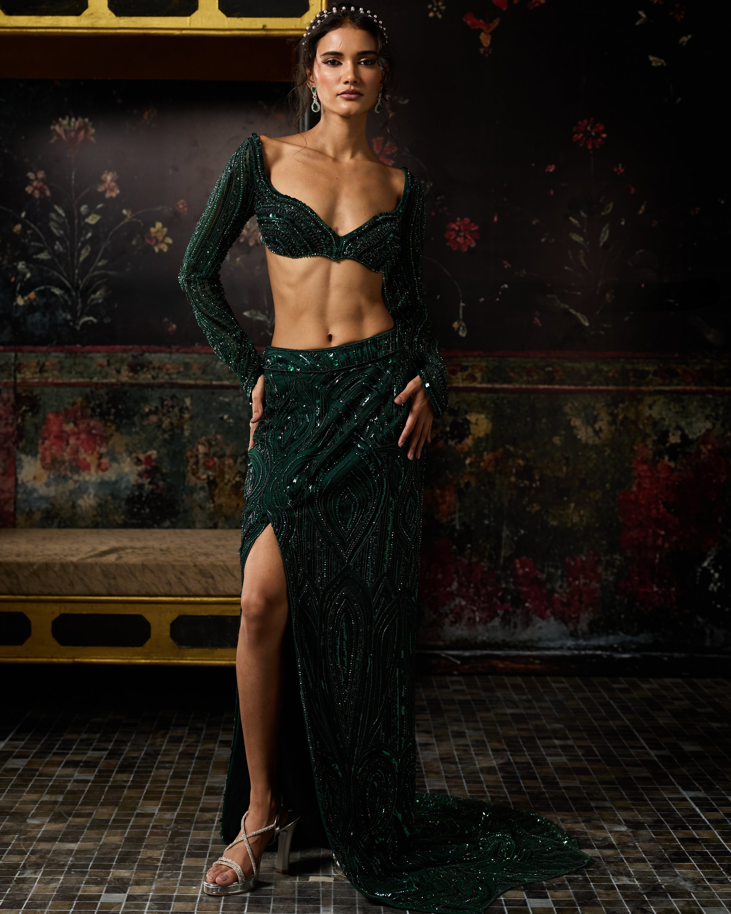 Emerald Green Embellished Slit Skirt Set