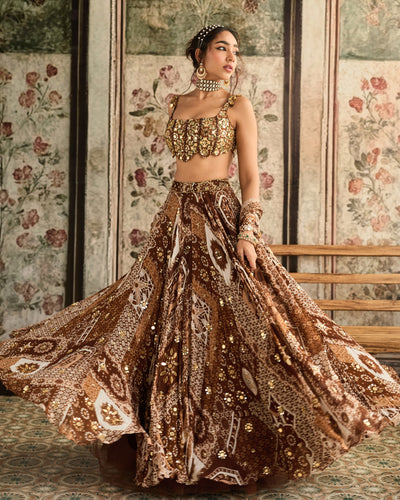 Caramel Print And Scallop Blouse Lehenga Set