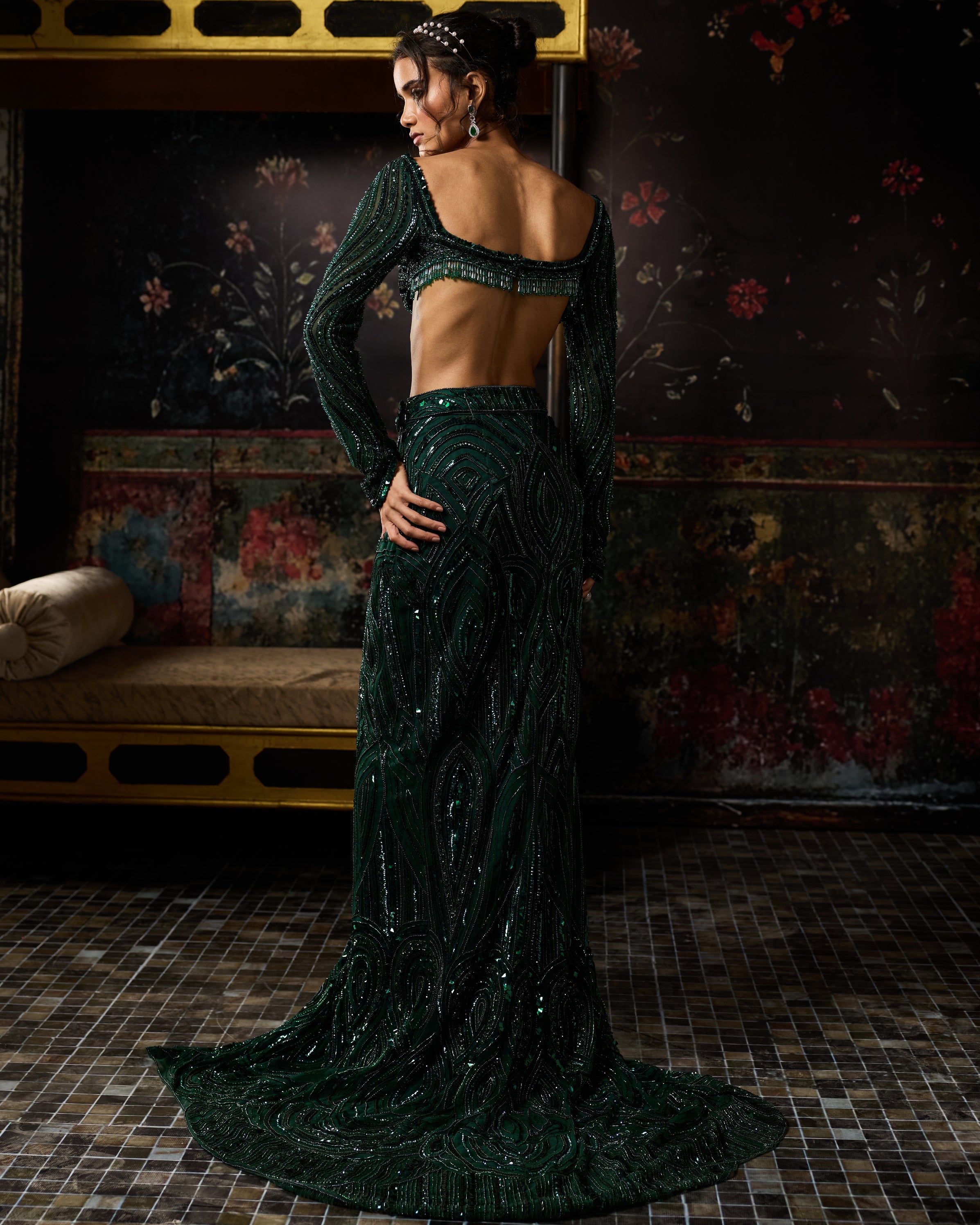 Emerald Green Embellished Slit Skirt Set