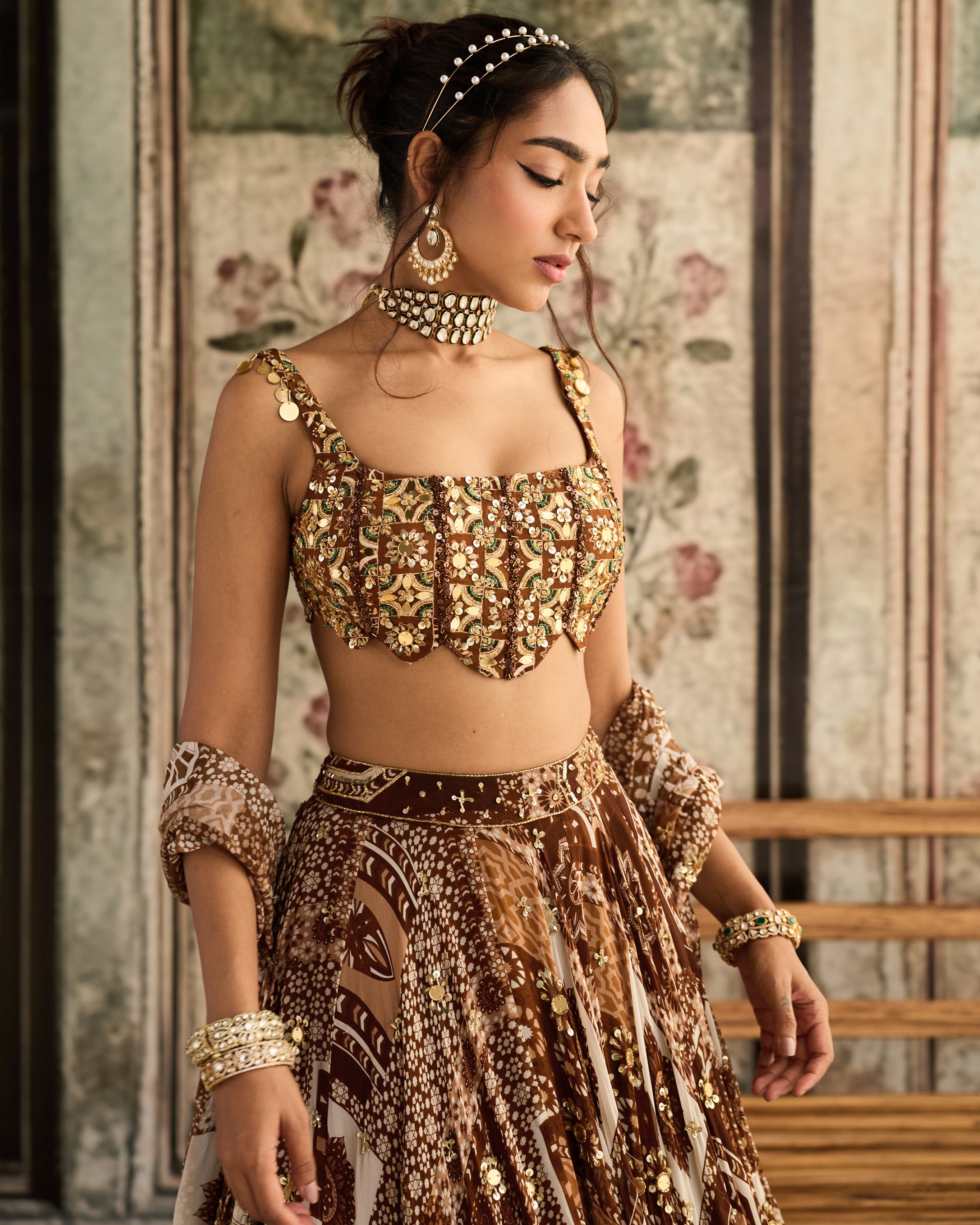 Caramel Print And Scallop Blouse Lehenga Set
