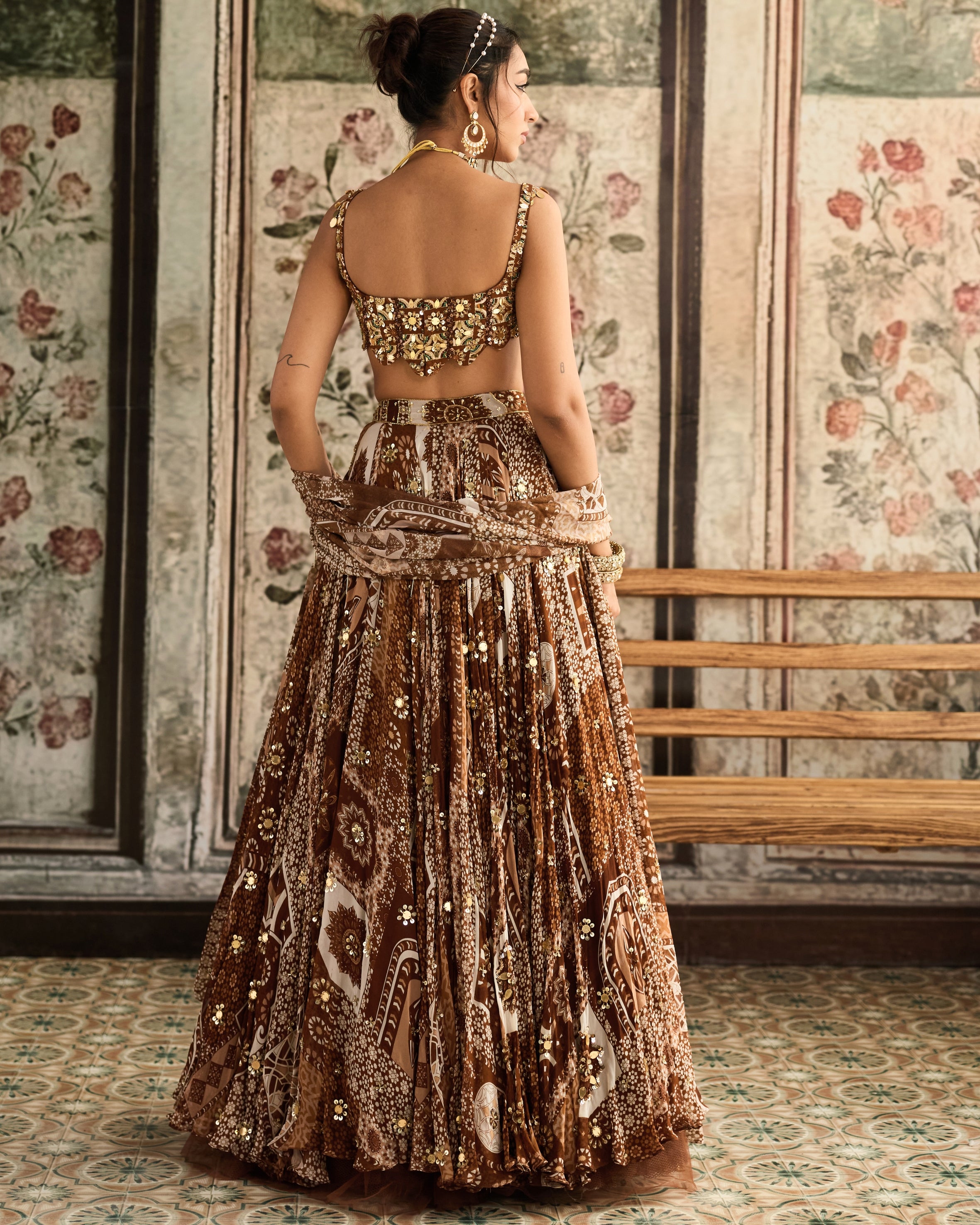 Caramel Print And Scallop Blouse Lehenga Set