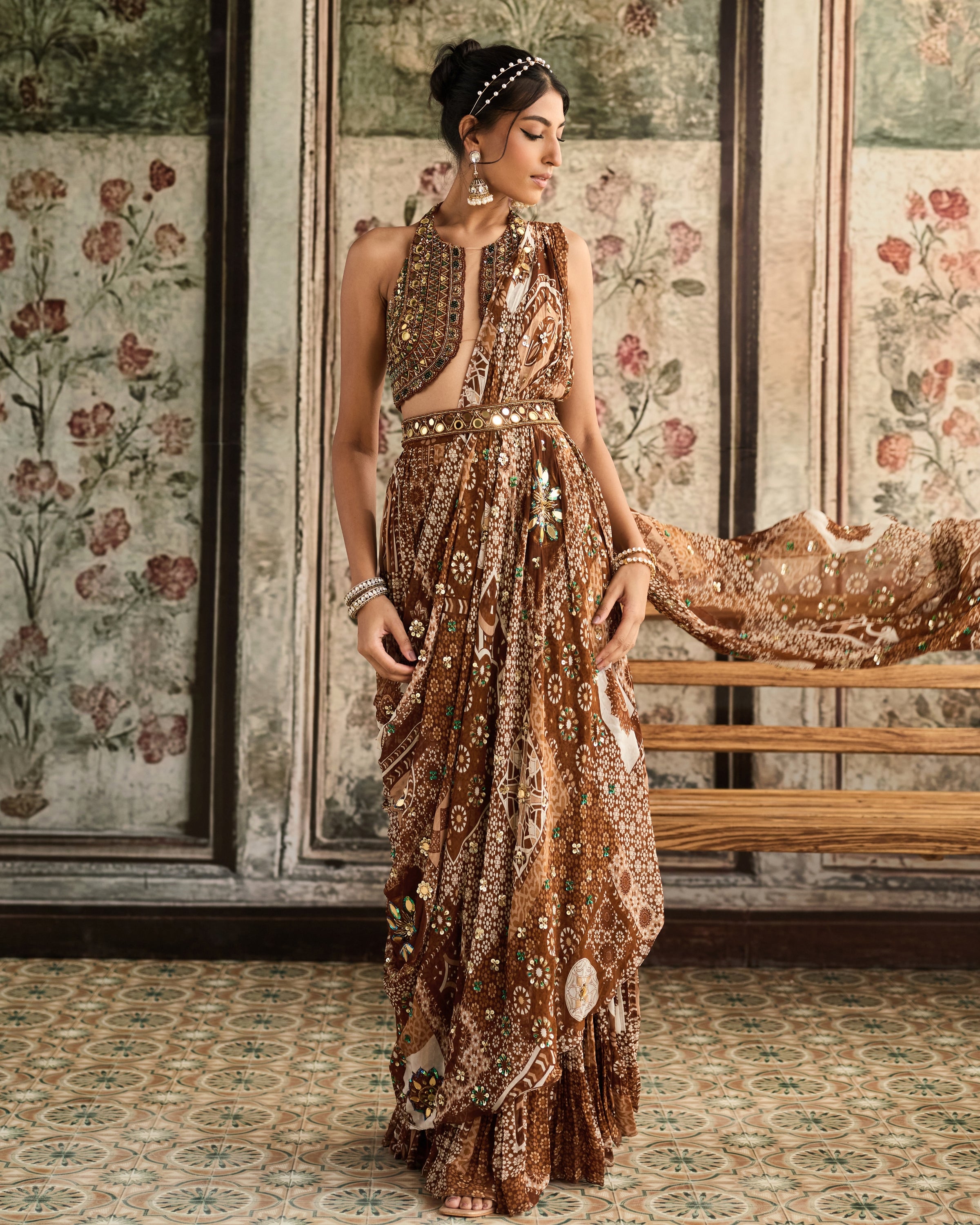 Caramel Embroidered Halter Blouse Sari Set