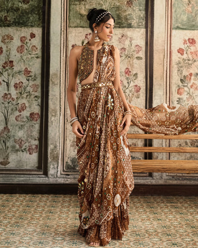 Caramel Embroidered Halter Blouse Sari Set