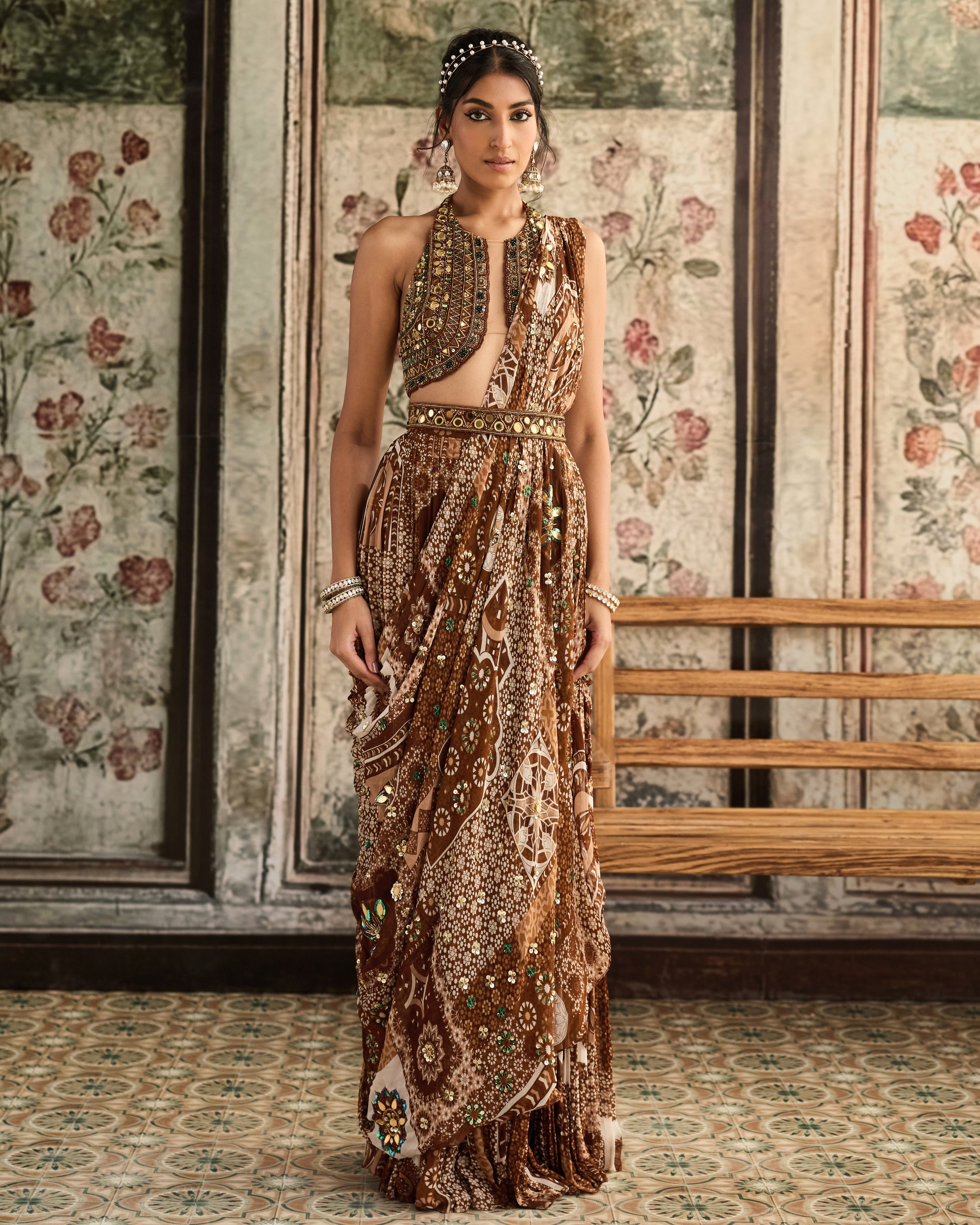 Caramel Embroidered Halter Blouse Sari Set