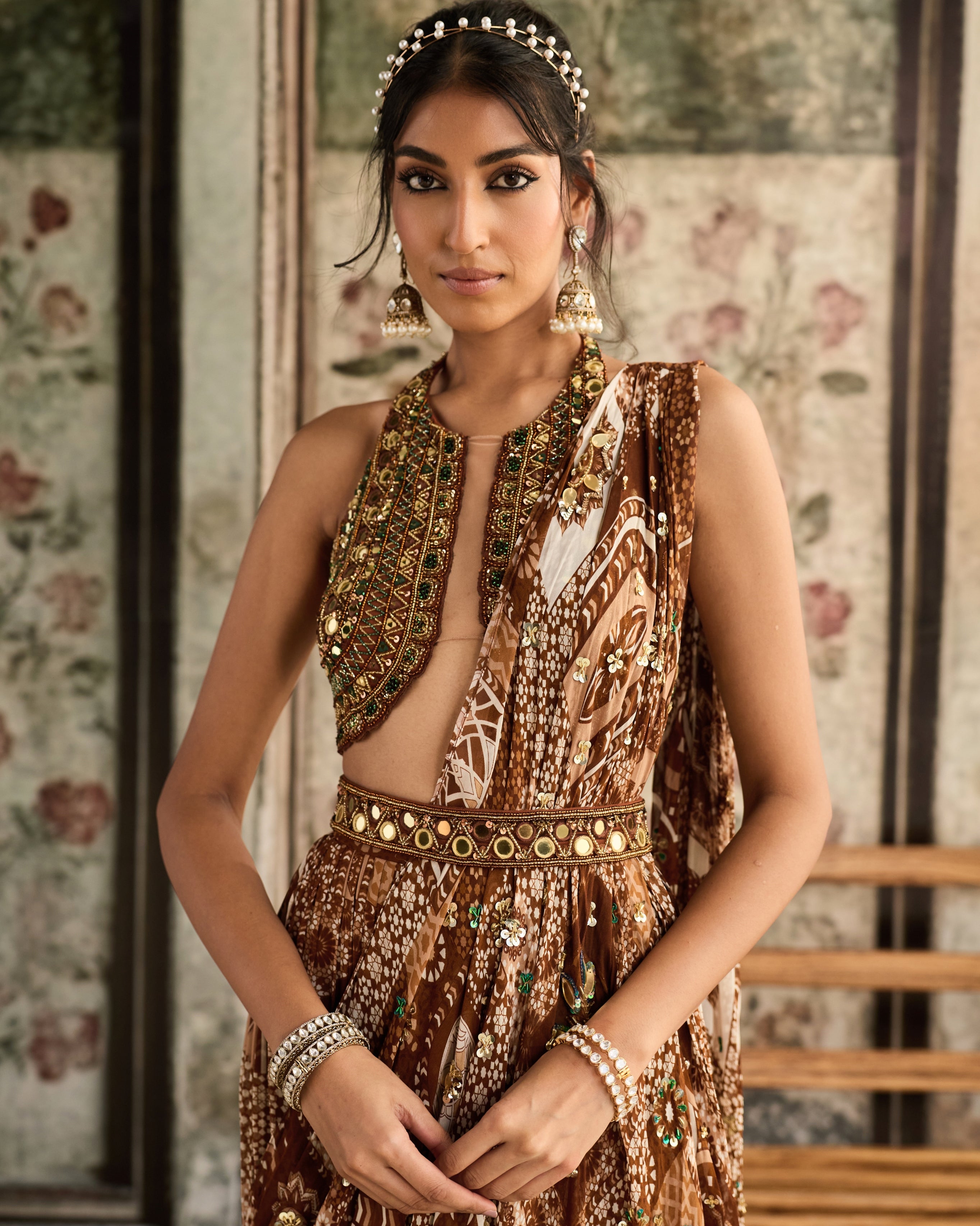 Caramel Embroidered Halter Blouse Sari Set
