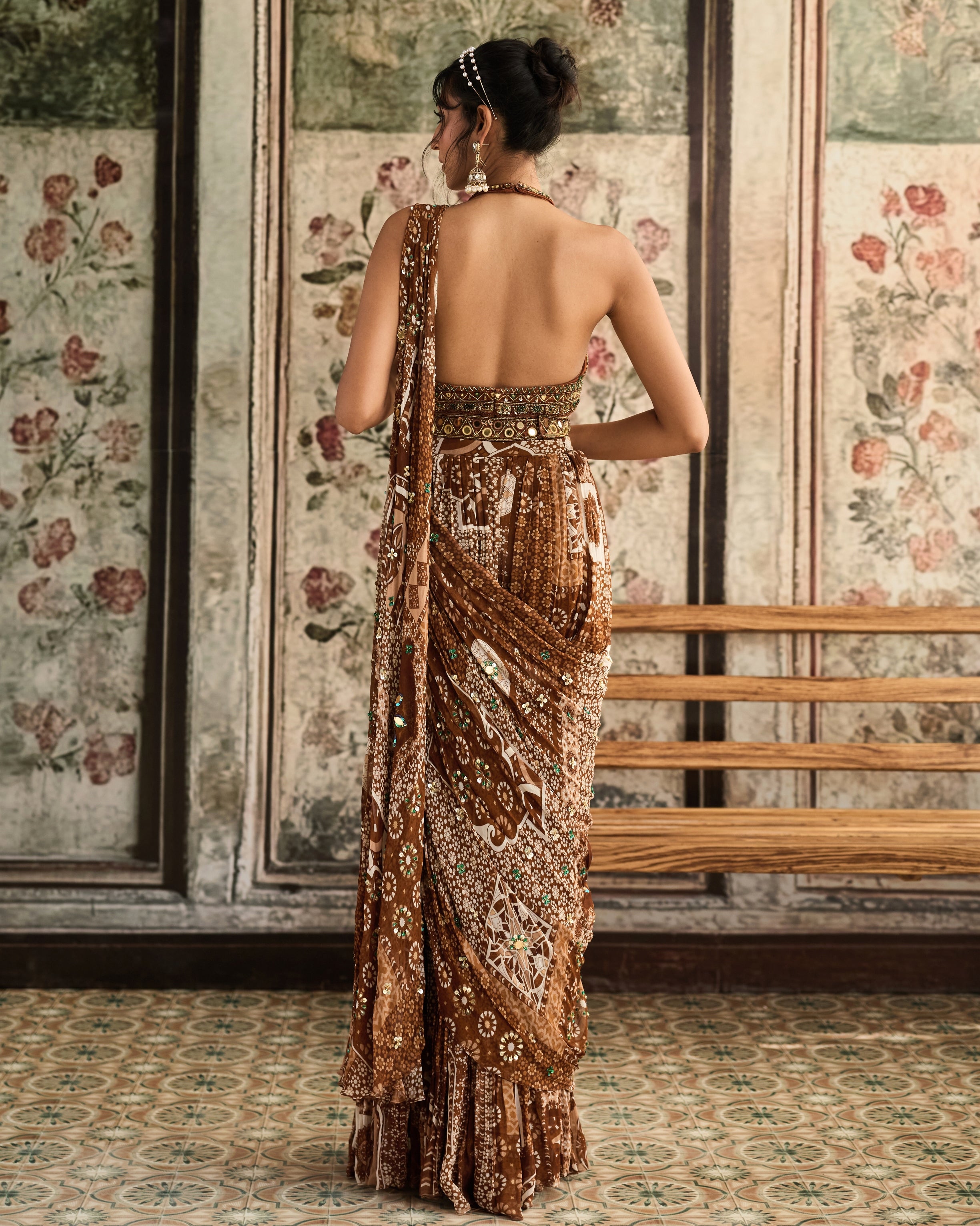 Caramel Embroidered Halter Blouse Sari Set