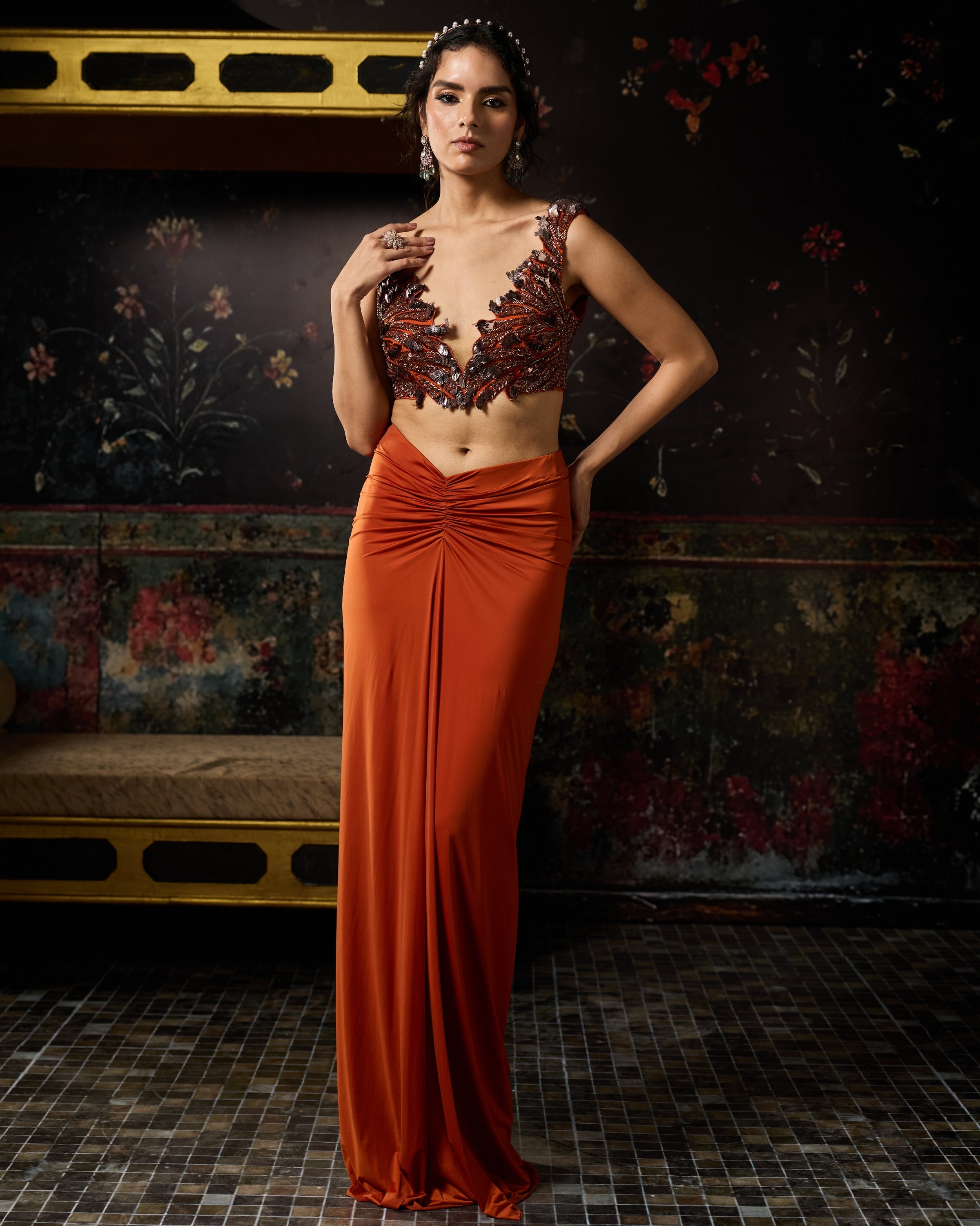 Rust Cutwork Blouse With Draped Skirt Set