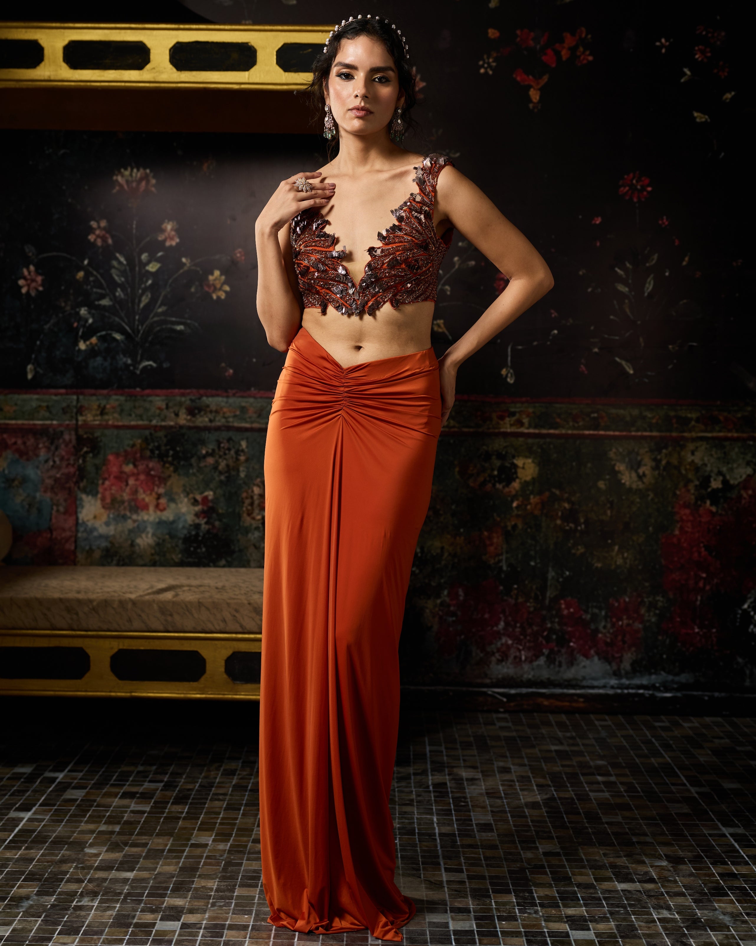 Rust Cutwork Blouse With Draped Skirt Set