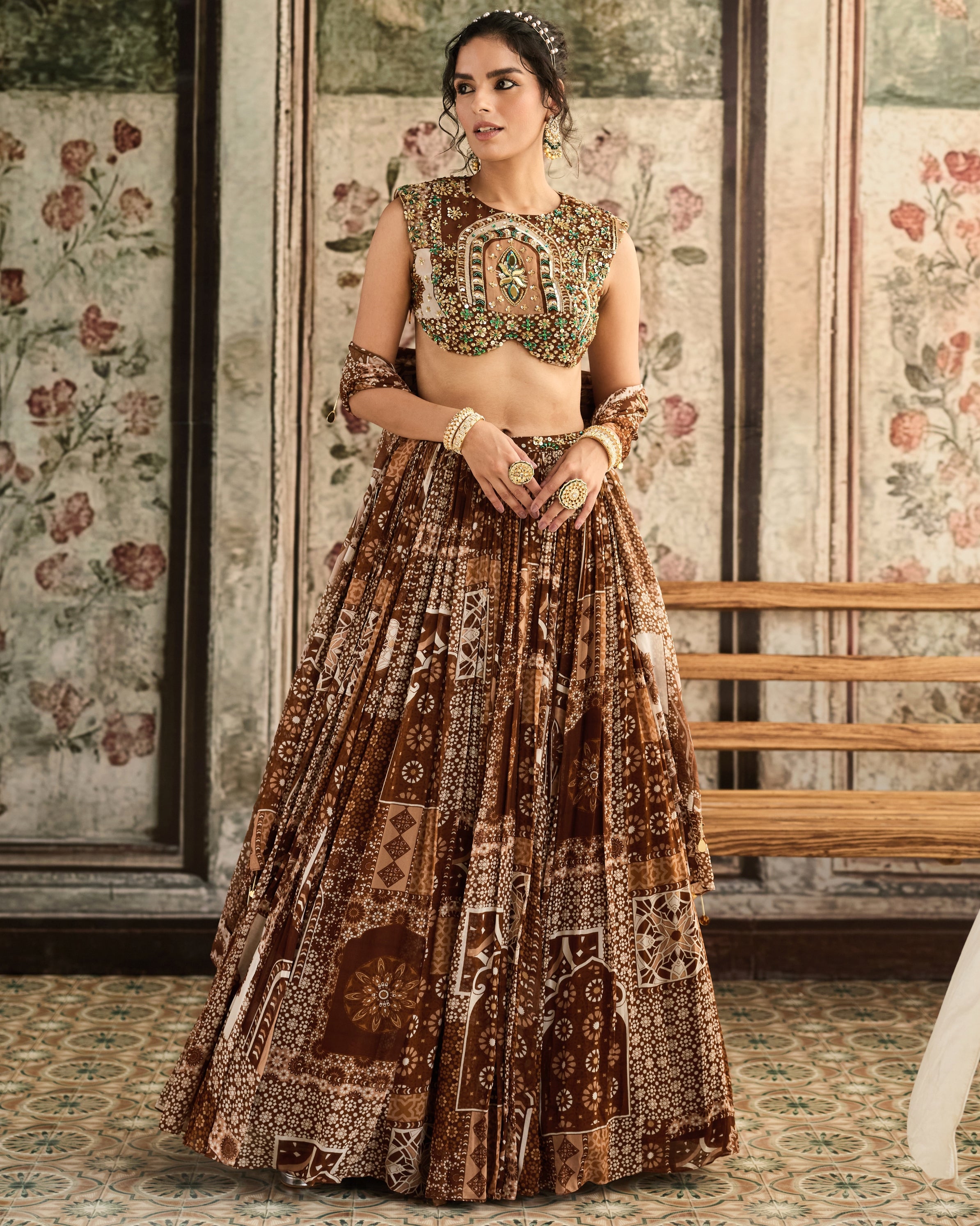 Caramel Print And Highlighted Blouse And Lehenga Set