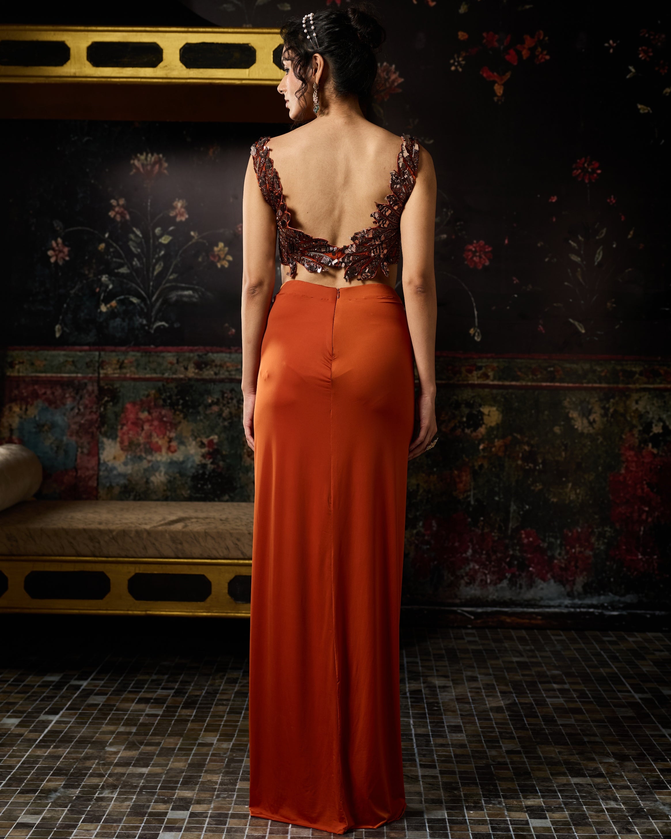 Rust Cutwork Blouse With Draped Skirt Set