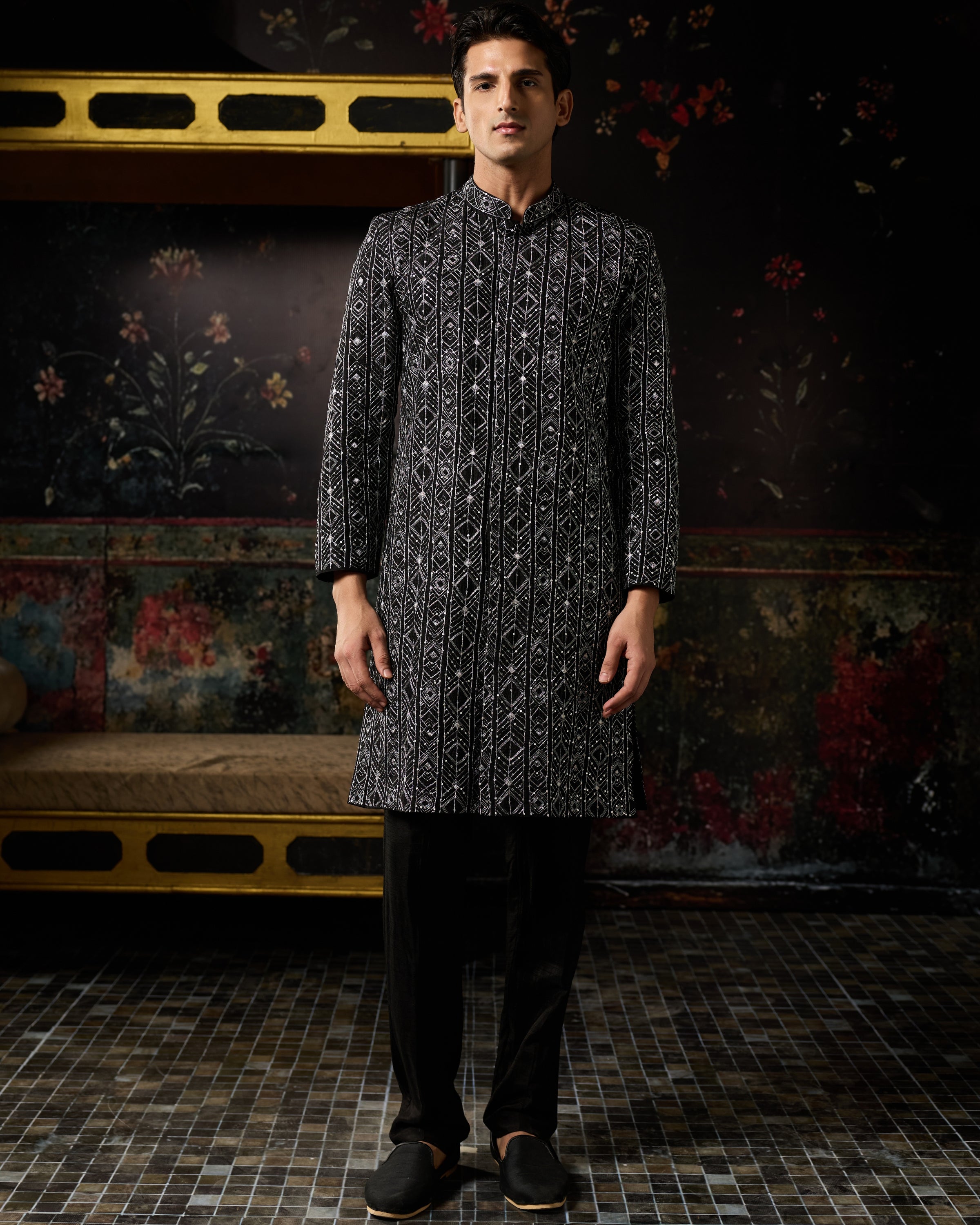 Black With Silver Embroidered Jacket & Pants Set