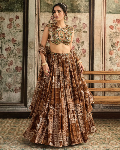 Caramel Print And Highlighted Blouse And Lehenga Set