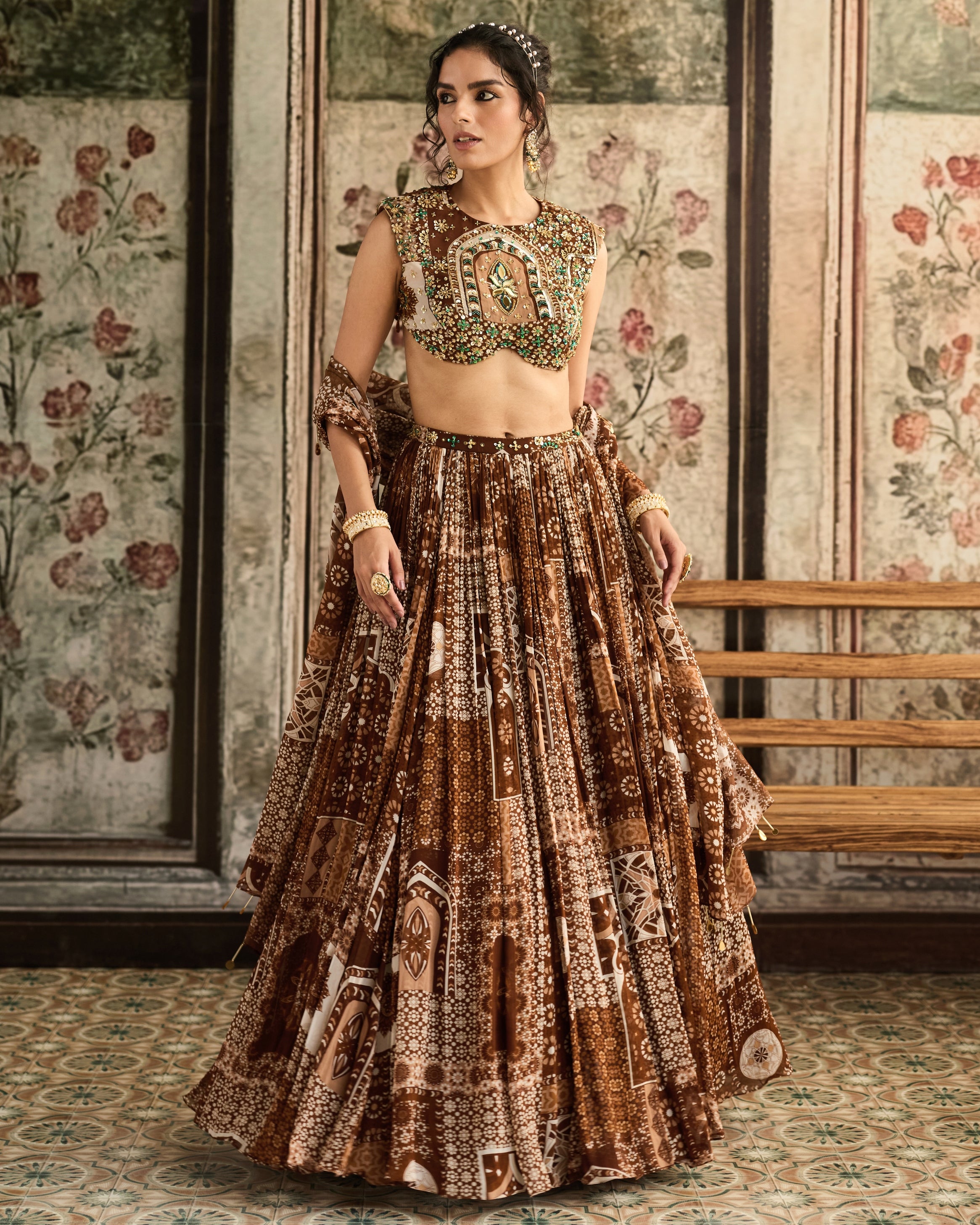 Caramel Print And Highlighted Blouse And Lehenga Set