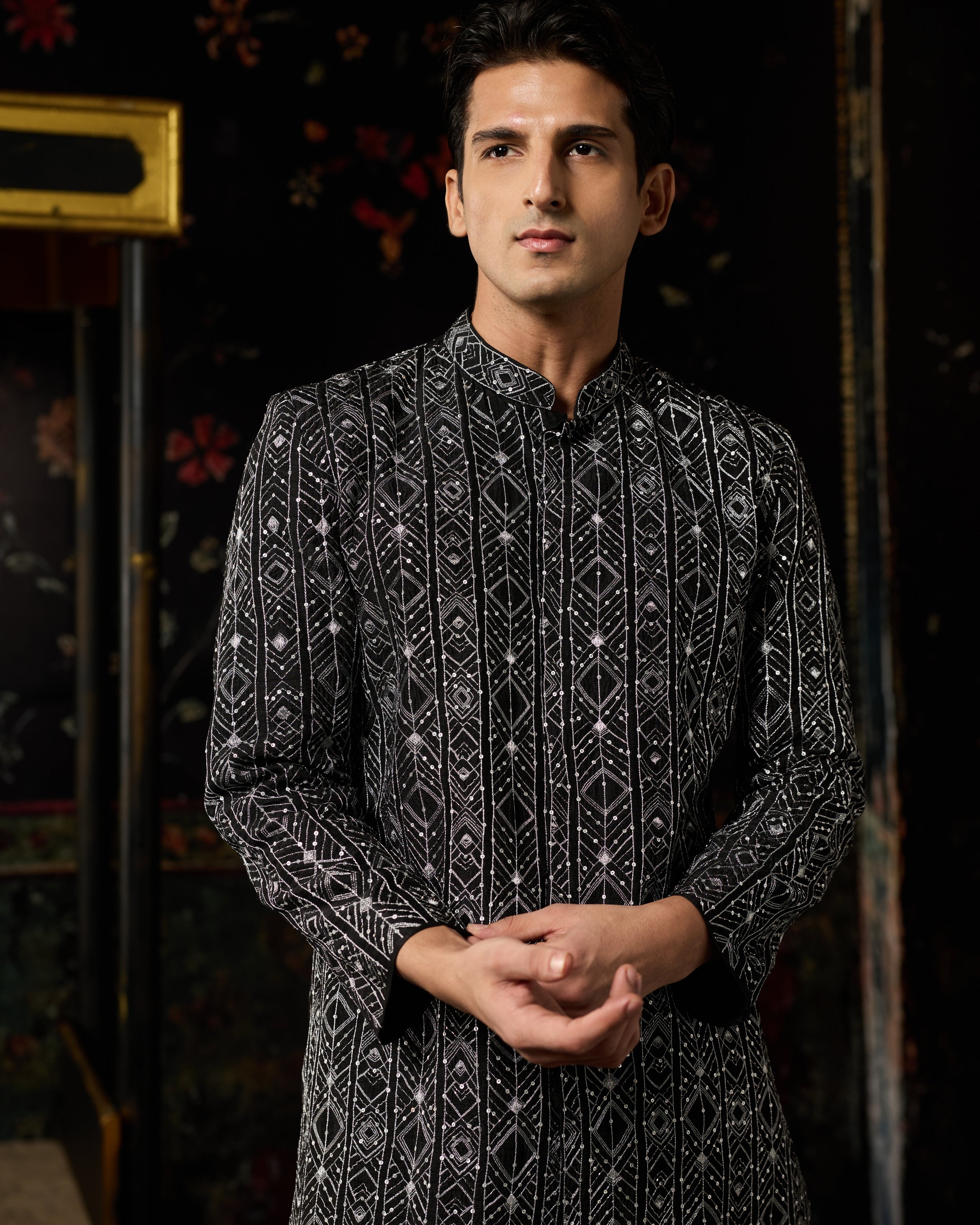 Black With Silver Embroidered Jacket & Pants Set