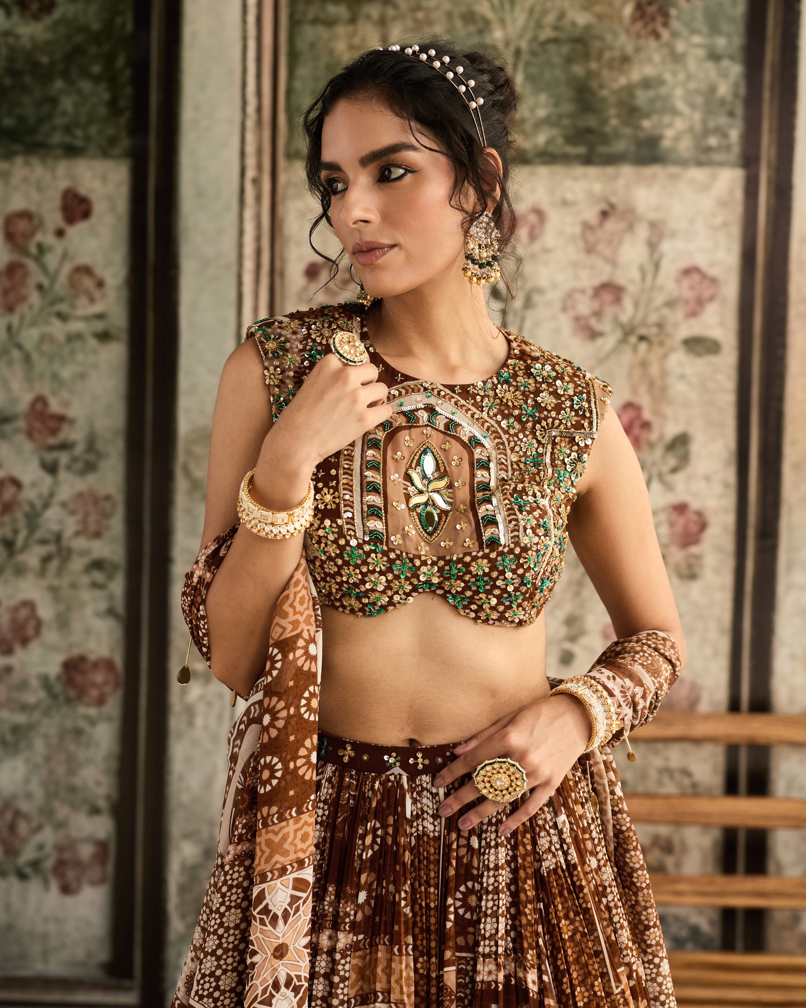 Caramel Print And Highlighted Blouse And Lehenga Set