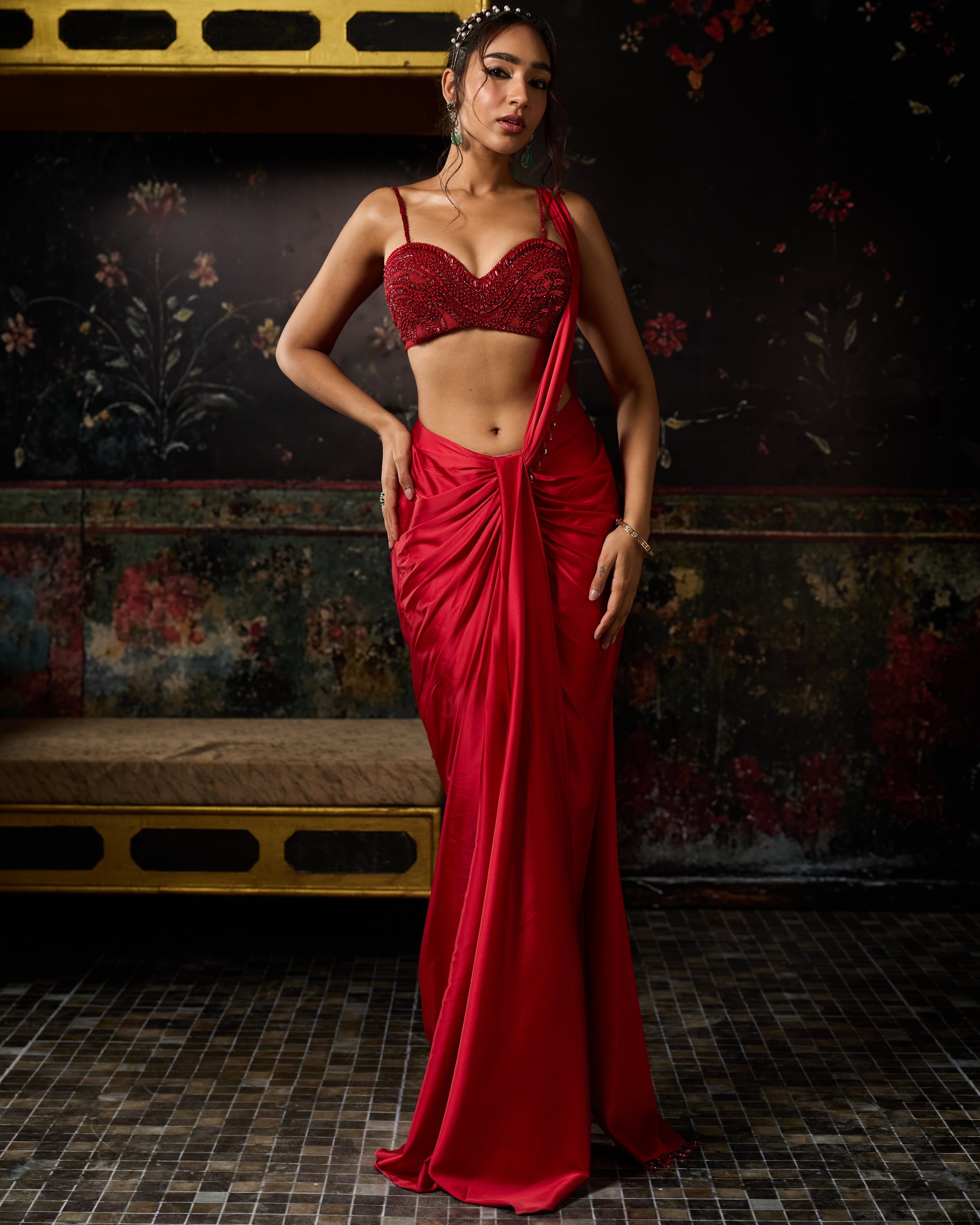 Red Embellished Blouse With Drape Skirt Sari Set