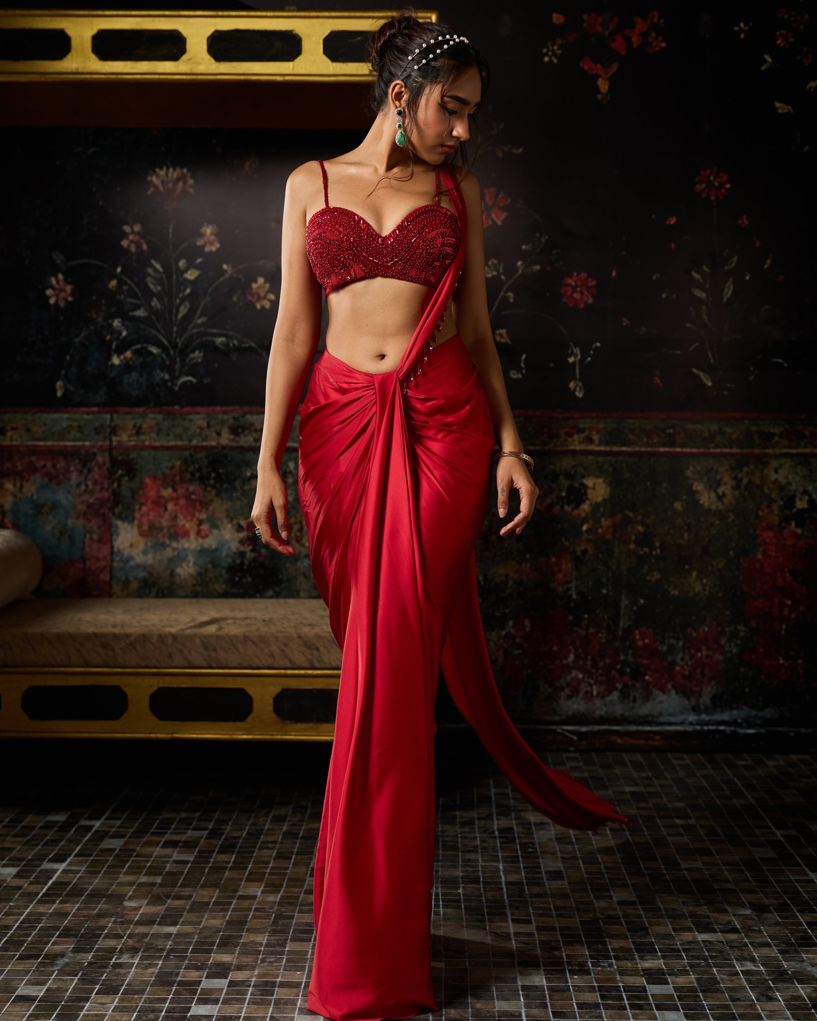 Red Embellished Blouse With Drape Skirt Sari Set