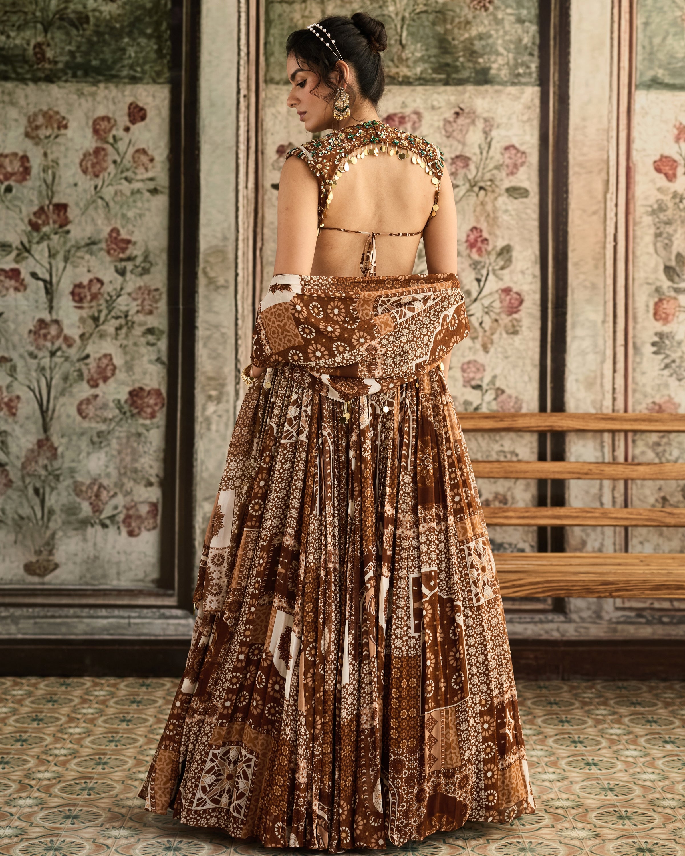 Caramel Print And Highlighted Blouse And Lehenga Set