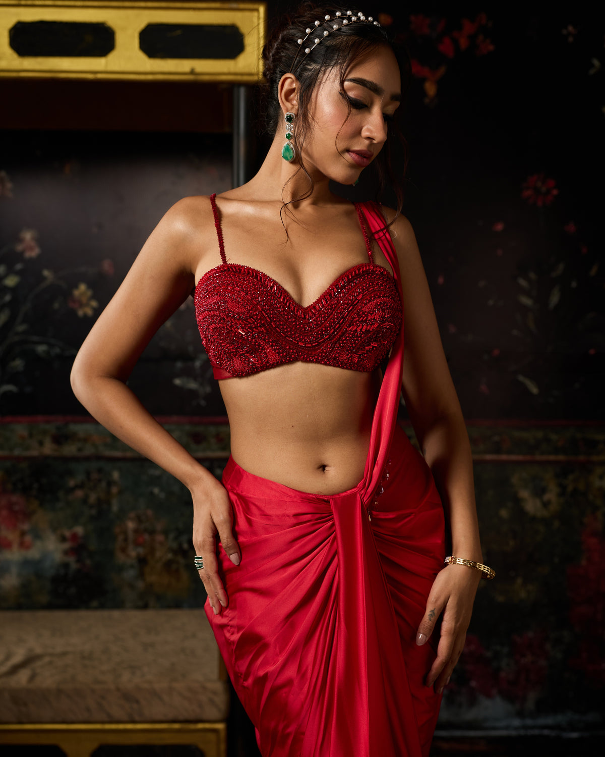 Red Embellished Blouse With Drape Skirt Sari Set