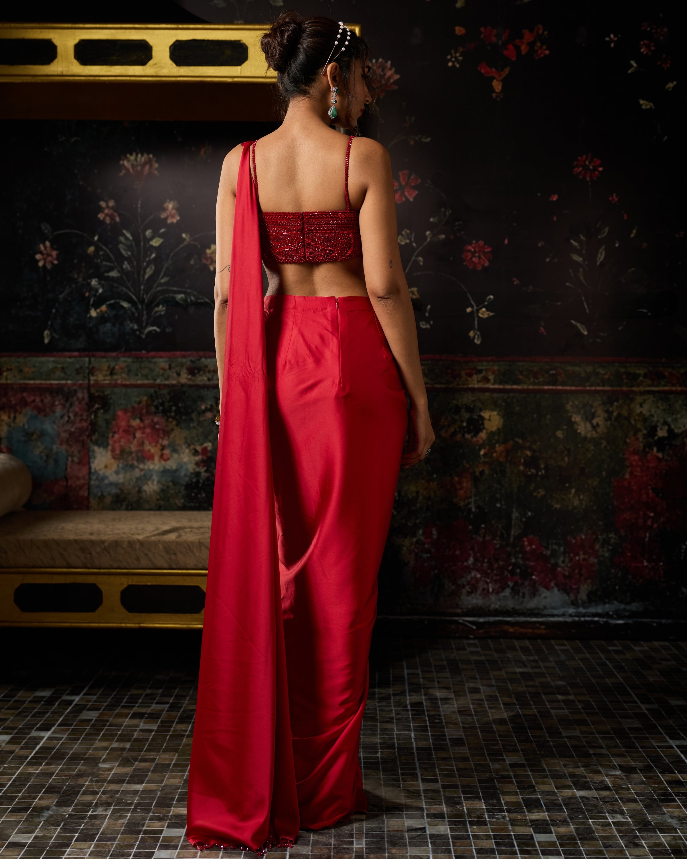 Red Embellished Blouse With Drape Skirt Sari Set