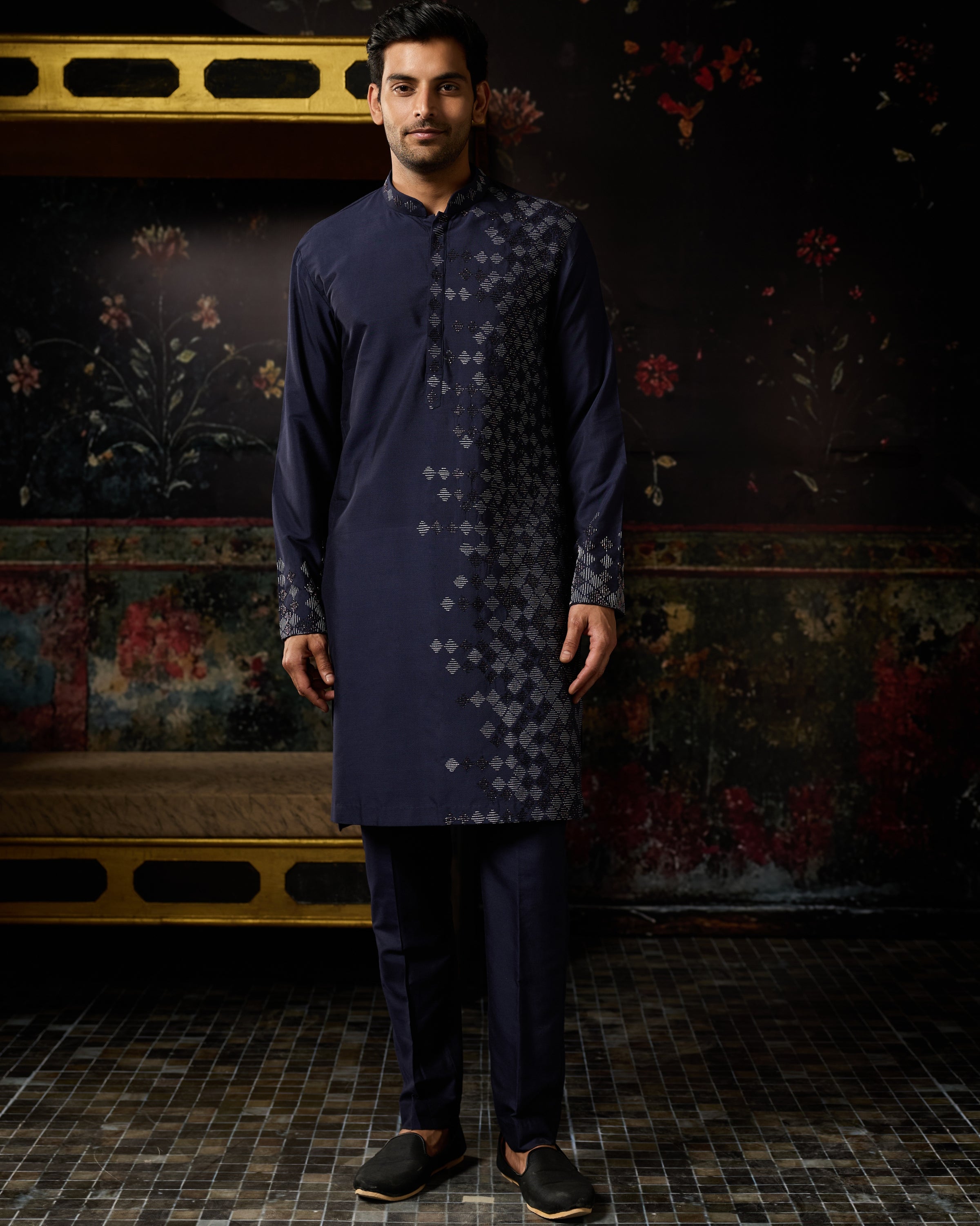 Dark Blue Embroidered Kurta & Pants Set