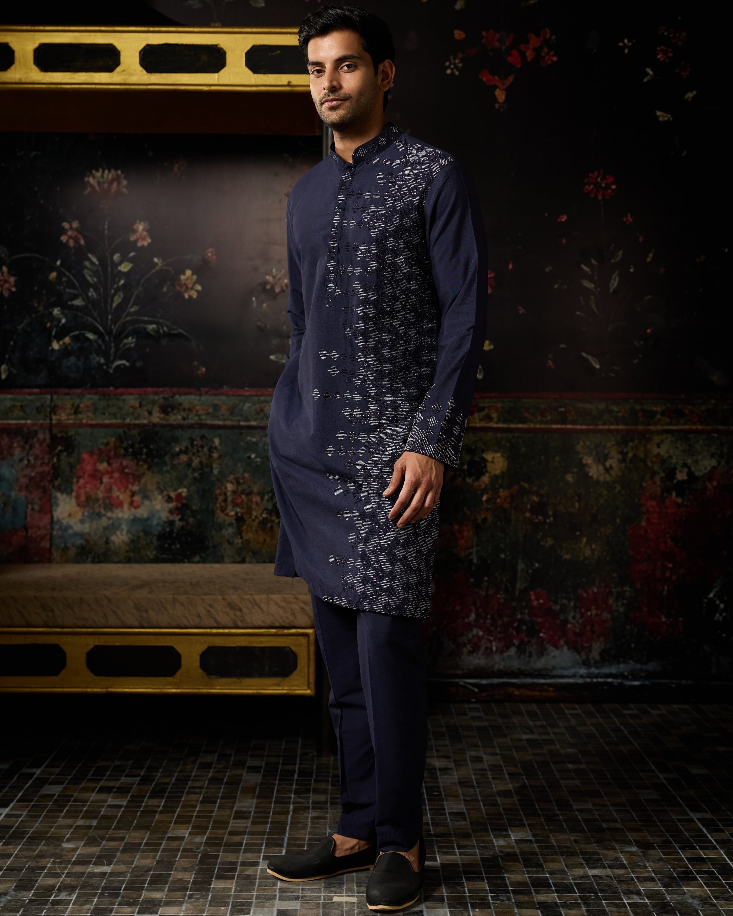 Dark Blue Embroidered Kurta & Pants Set
